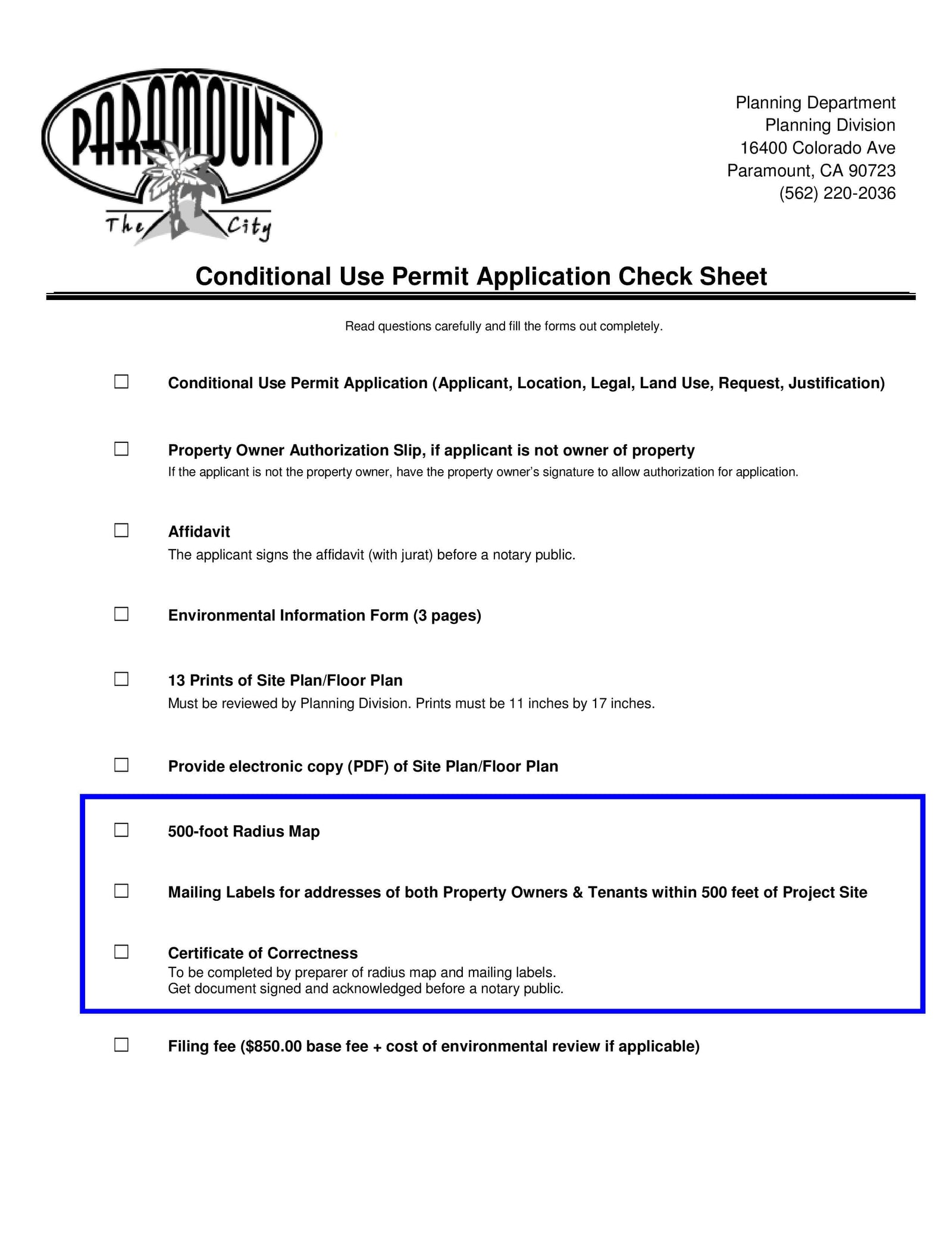 City of Paramount Conditional Use Permit checklist requiring 500-foot radius map, mailing labels, and Certificate of Correctness