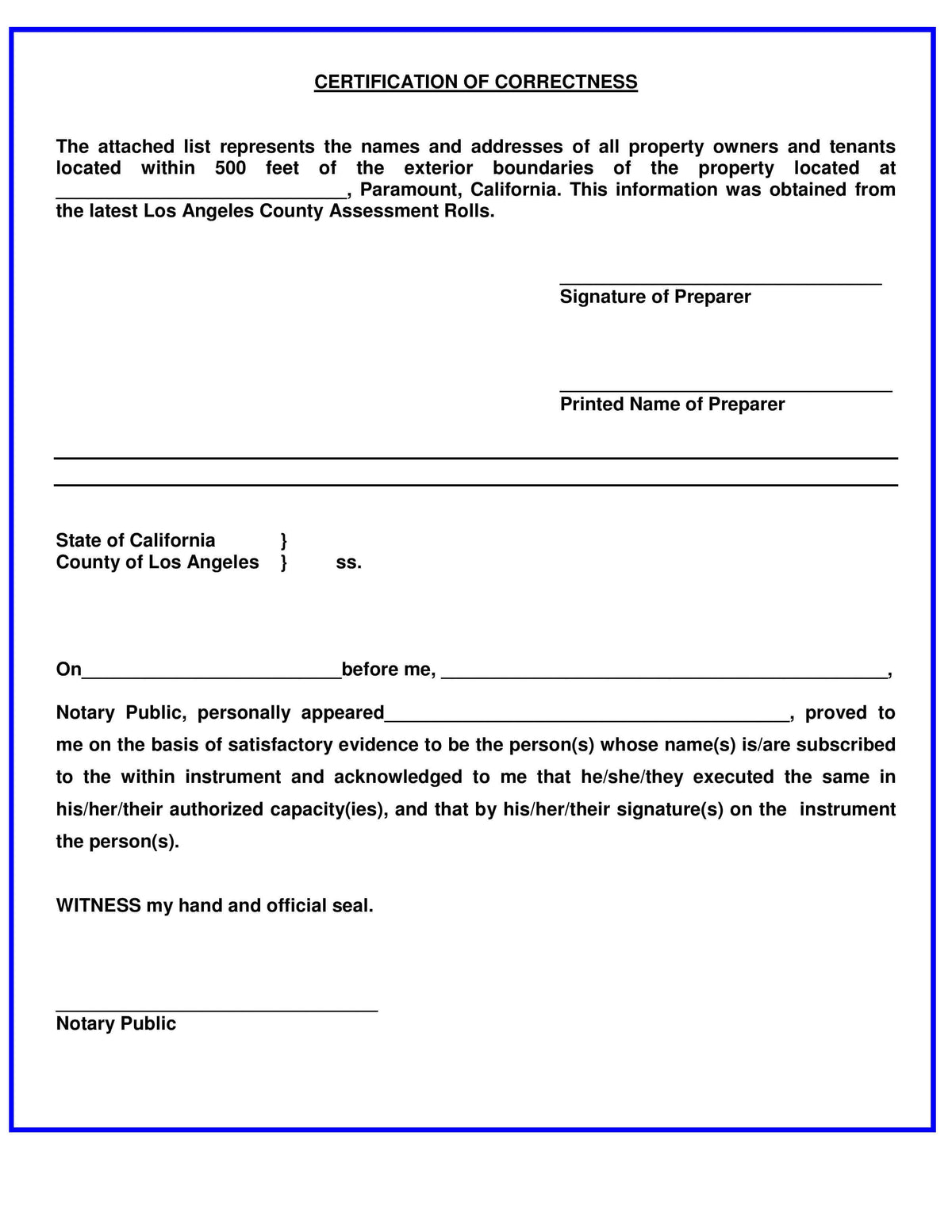 Paramount Certificate of Correctness notarized affidavit for 500-foot radius mailing list requirement