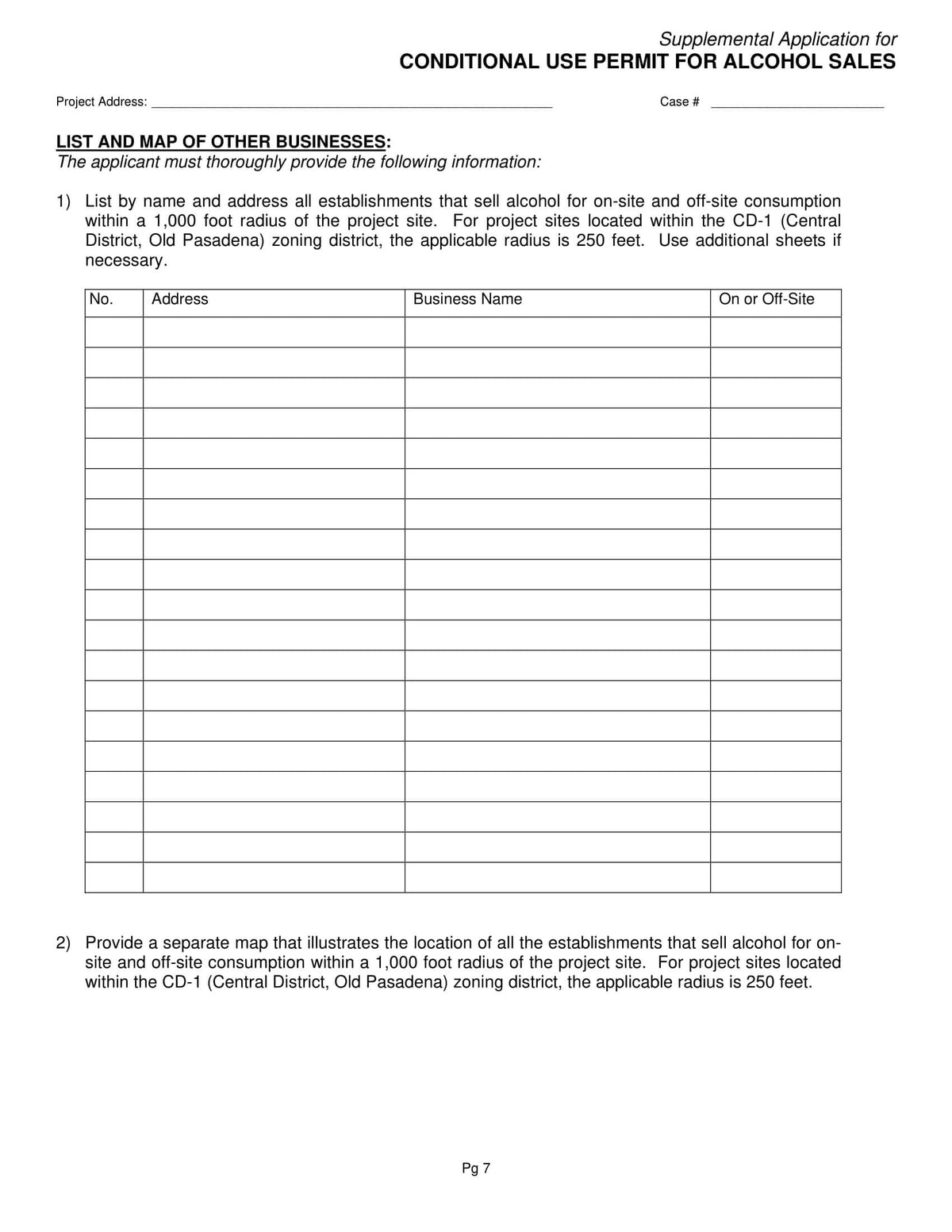 Pasadena conditional use permit supplemental application for alcohol sales with 1000-foot business list requirement
