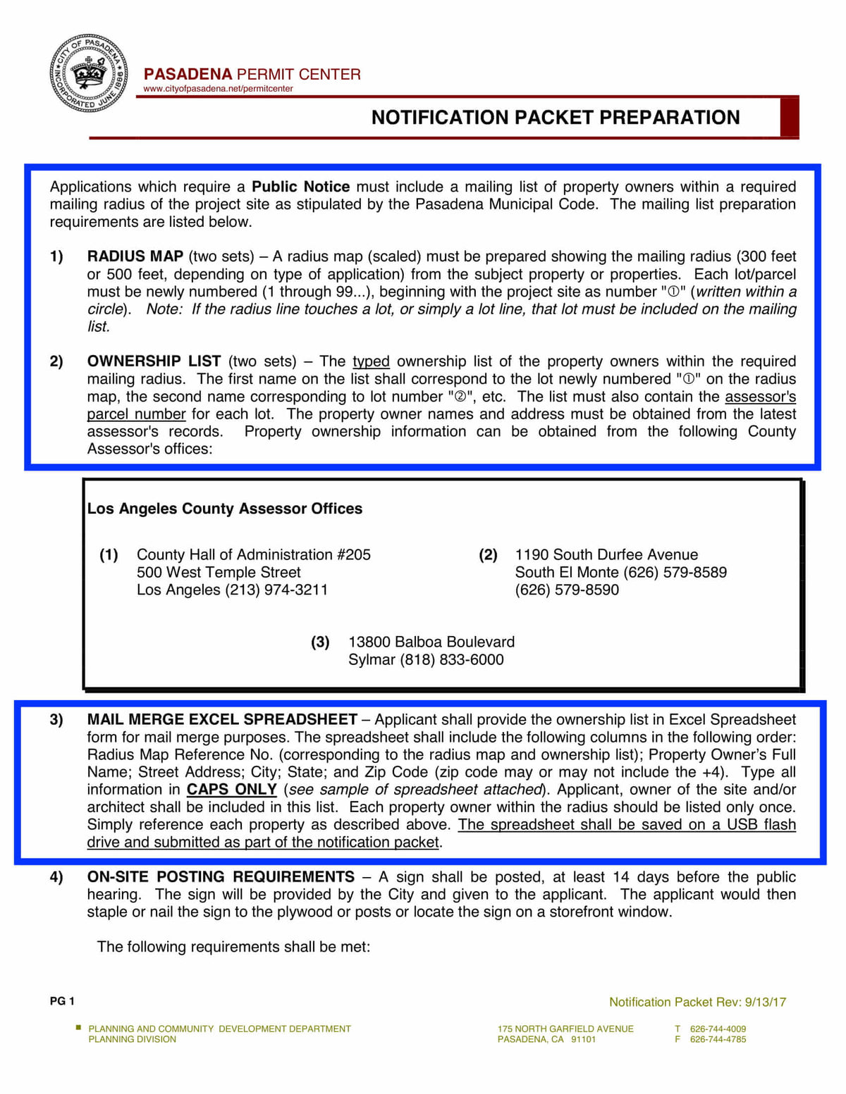Pasadena notification packet preparation requirements including radius map, ownership list, mail merge spreadsheet, and on-site posting