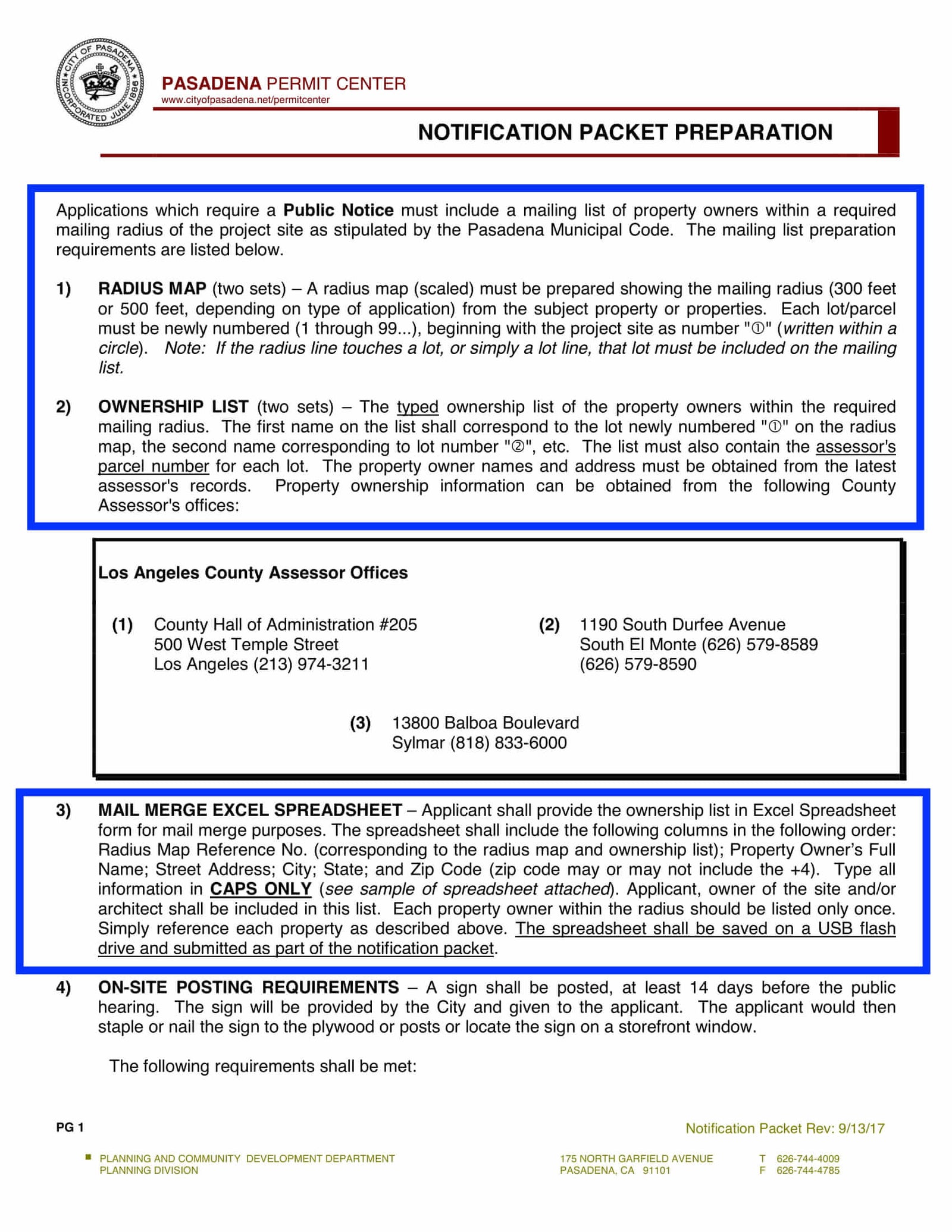 Pasadena notification packet preparation requirements including radius map, ownership list, mail merge spreadsheet, and on-site posting