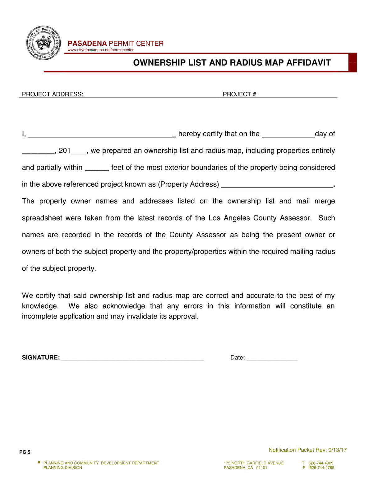 Pasadena ownership list and radius map affidavit requiring notarized certification of assessor records