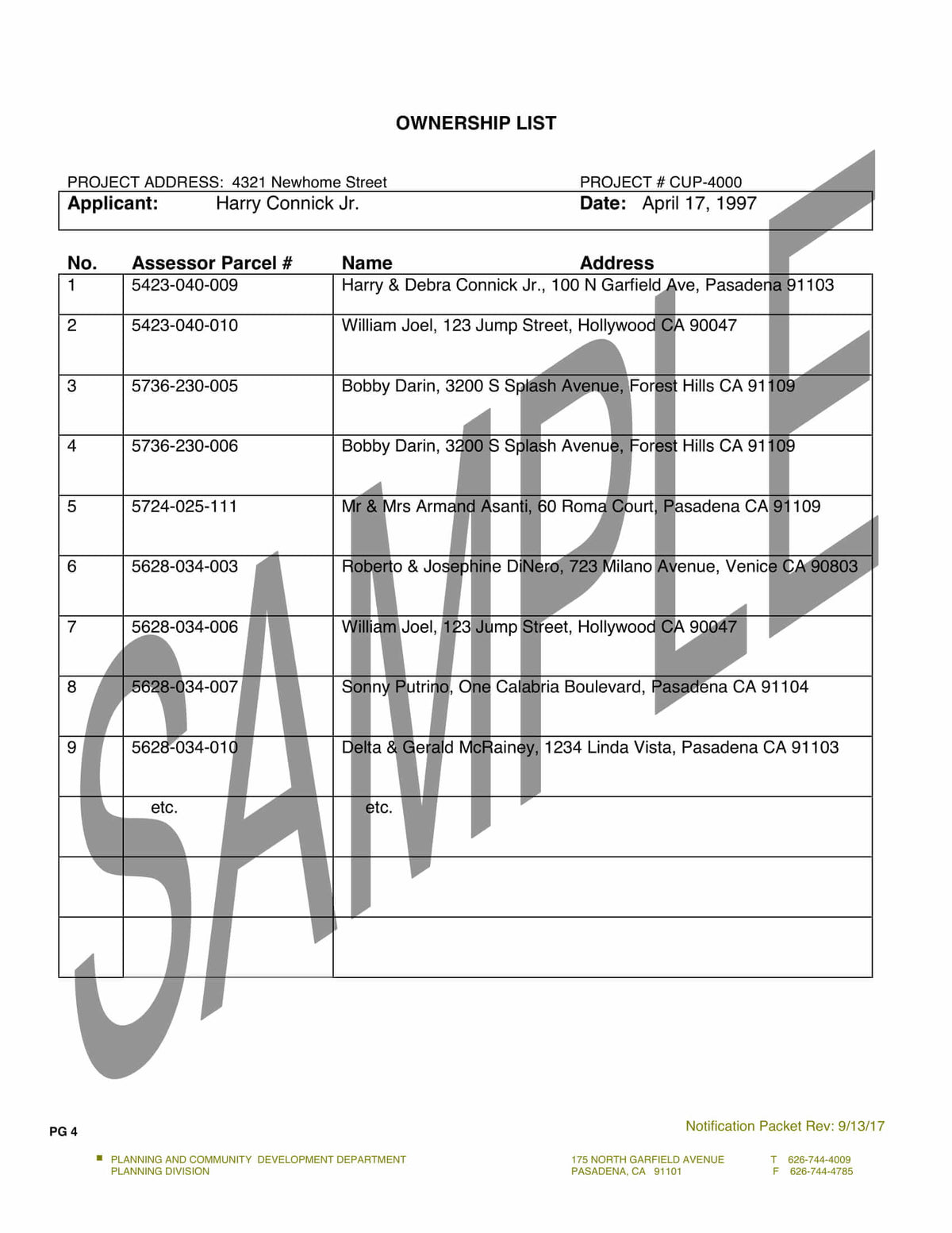 Sample Pasadena ownership list including assessor parcel number, owner name, and address