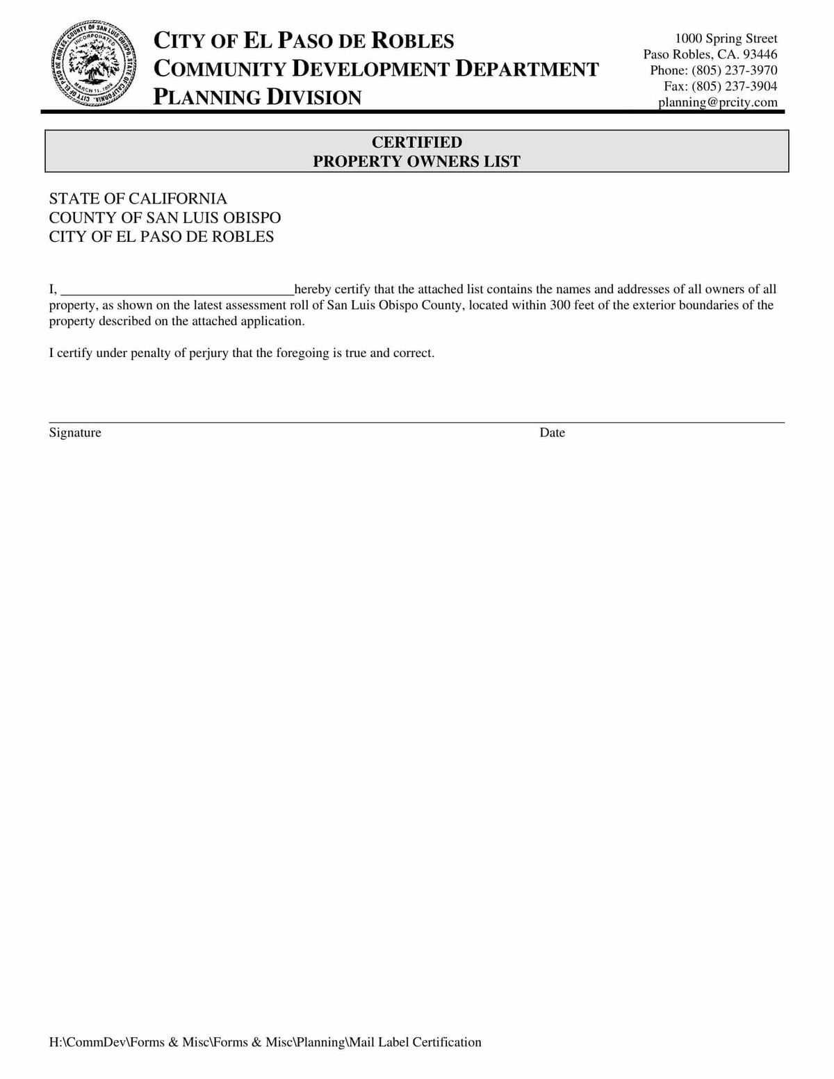 Paso Robles - Address Labels - 300 feet radius - Certified Property Owner & Tenant List