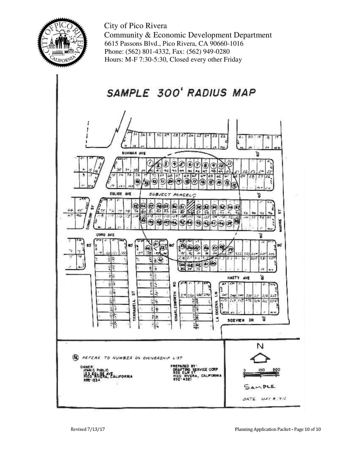 Sample Pico Rivera 300-foot radius map for public noticing and planning application