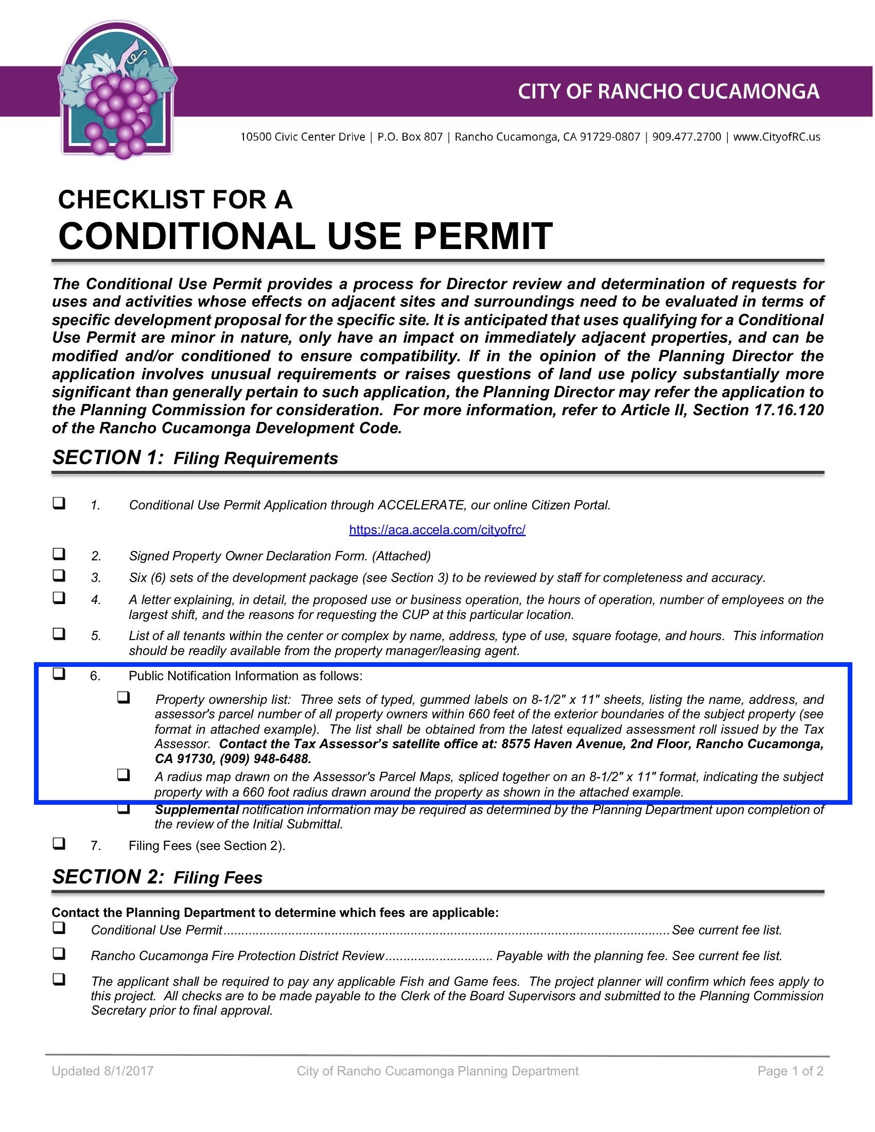 City of Rancho Cucamonga Checklist Conditional Use Permit Public Notification Information