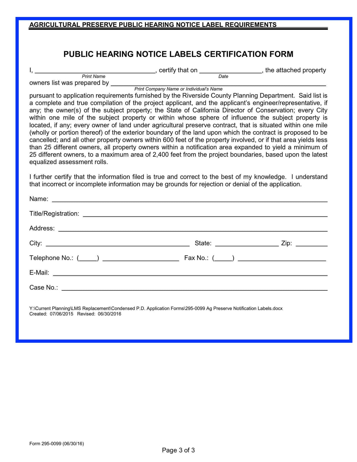 County Of Riverside-Riverside County-Agricultural Preserve Public Hearing Notice Label Requirements-Certification Form-Exhibit Map-600 Feet