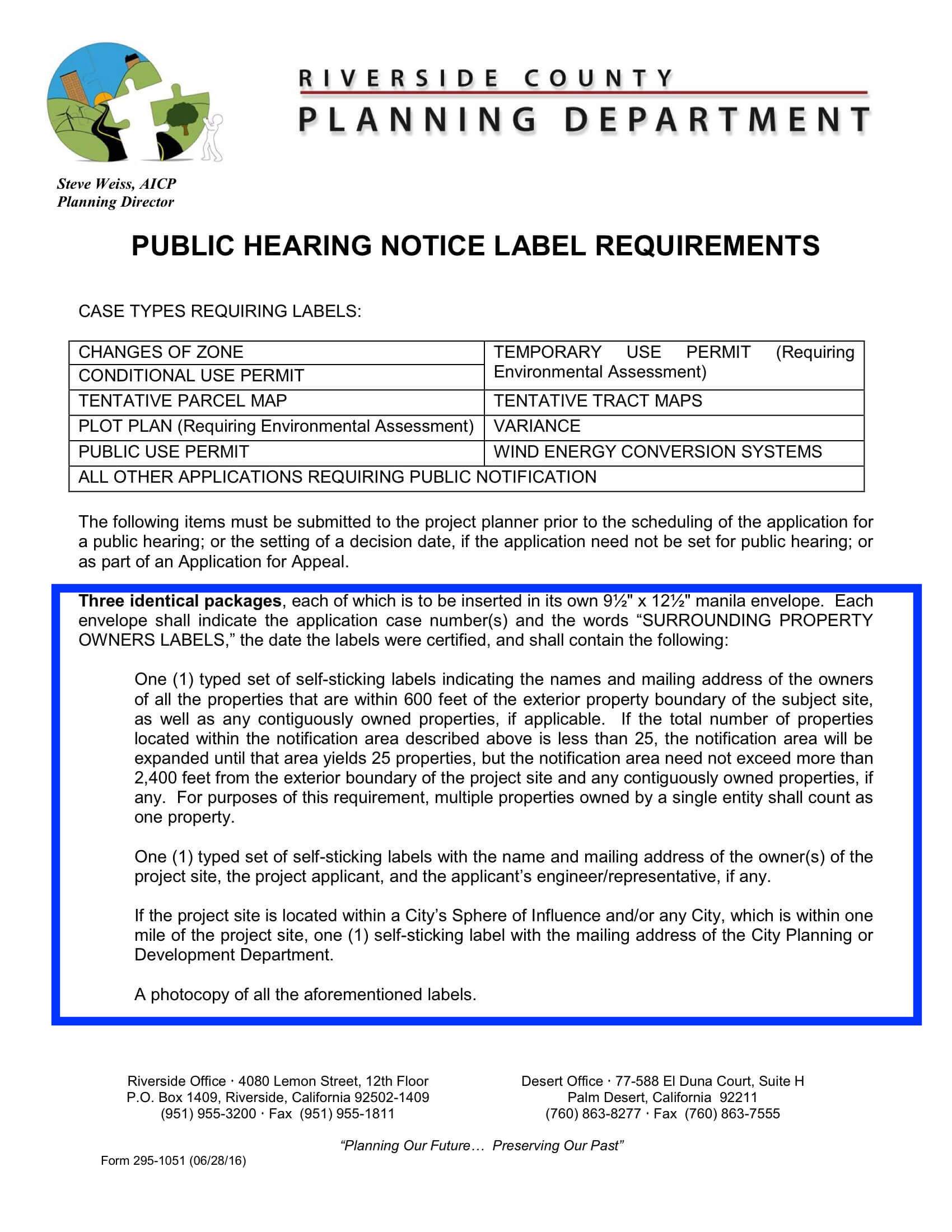 County Of Riverside-Riverside County-Public Hearing Notice Label Requirements-Certification Form-Exhibit Map-600 Feet