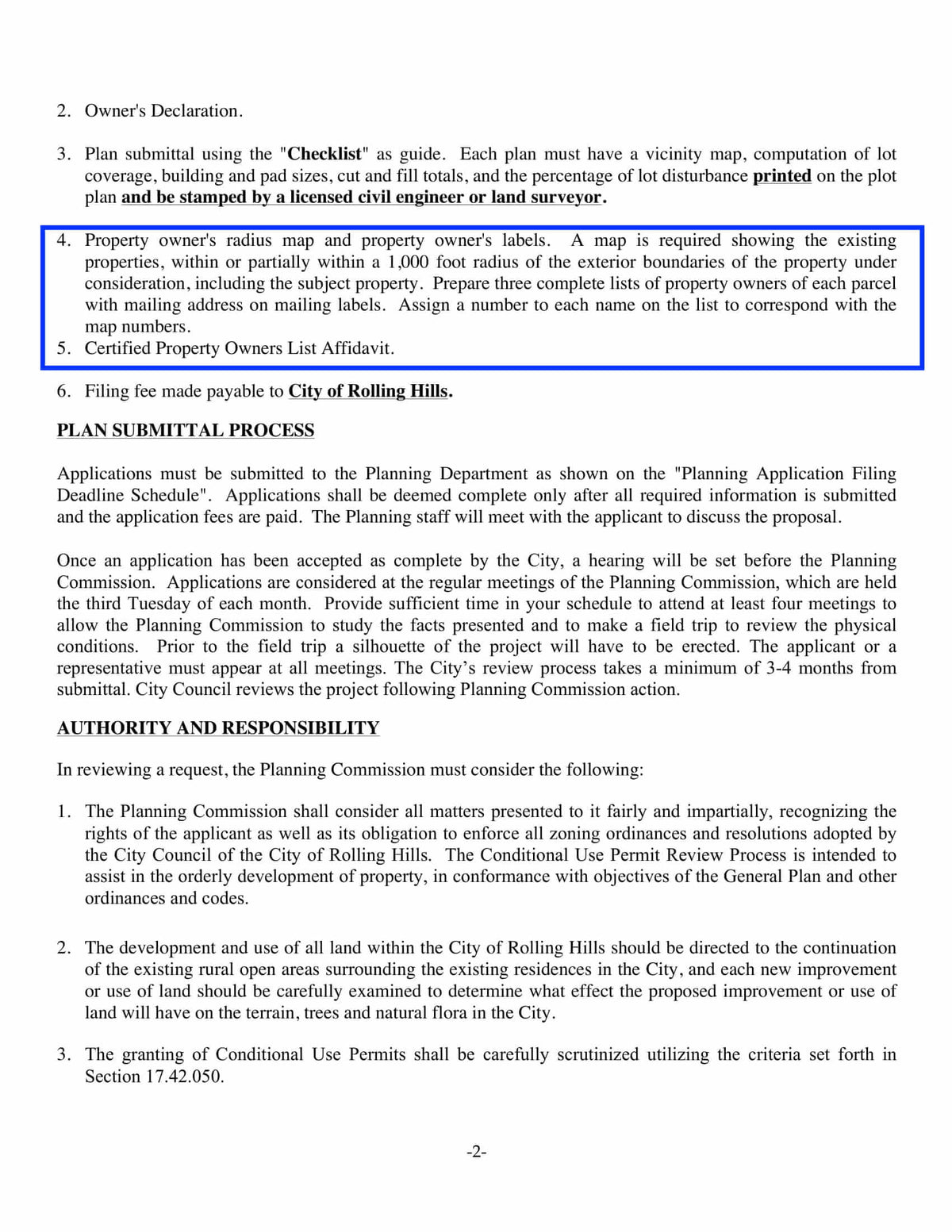 City of Rolling Hills conditional use permit instructions page highlighting property owner’s radius map, labels, and affidavit requirements within 1,000 feet.