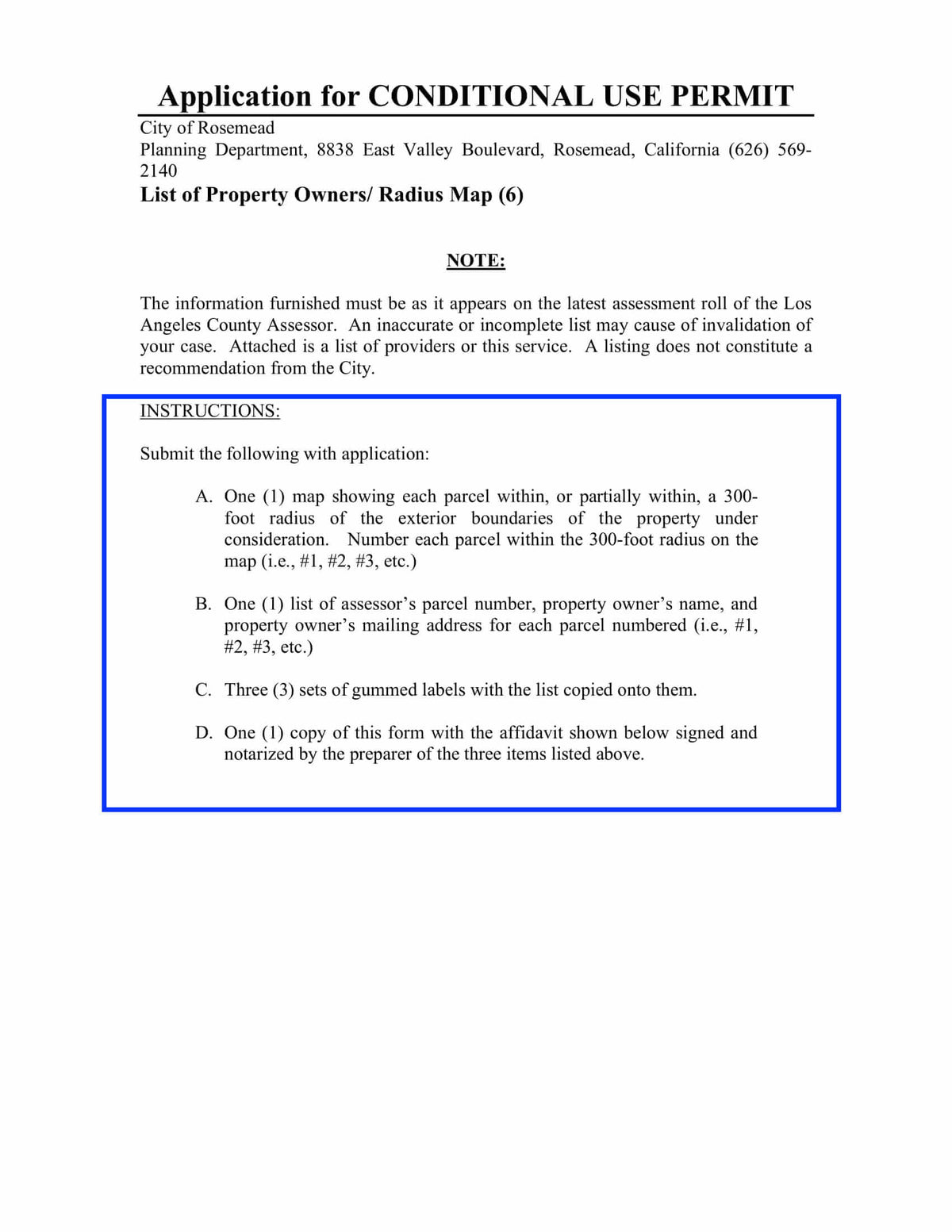 Instructions for preparing a property owner’s radius map and mailing labels within 300 feet for Conditional Use Permit applications in the City of Rosemead.