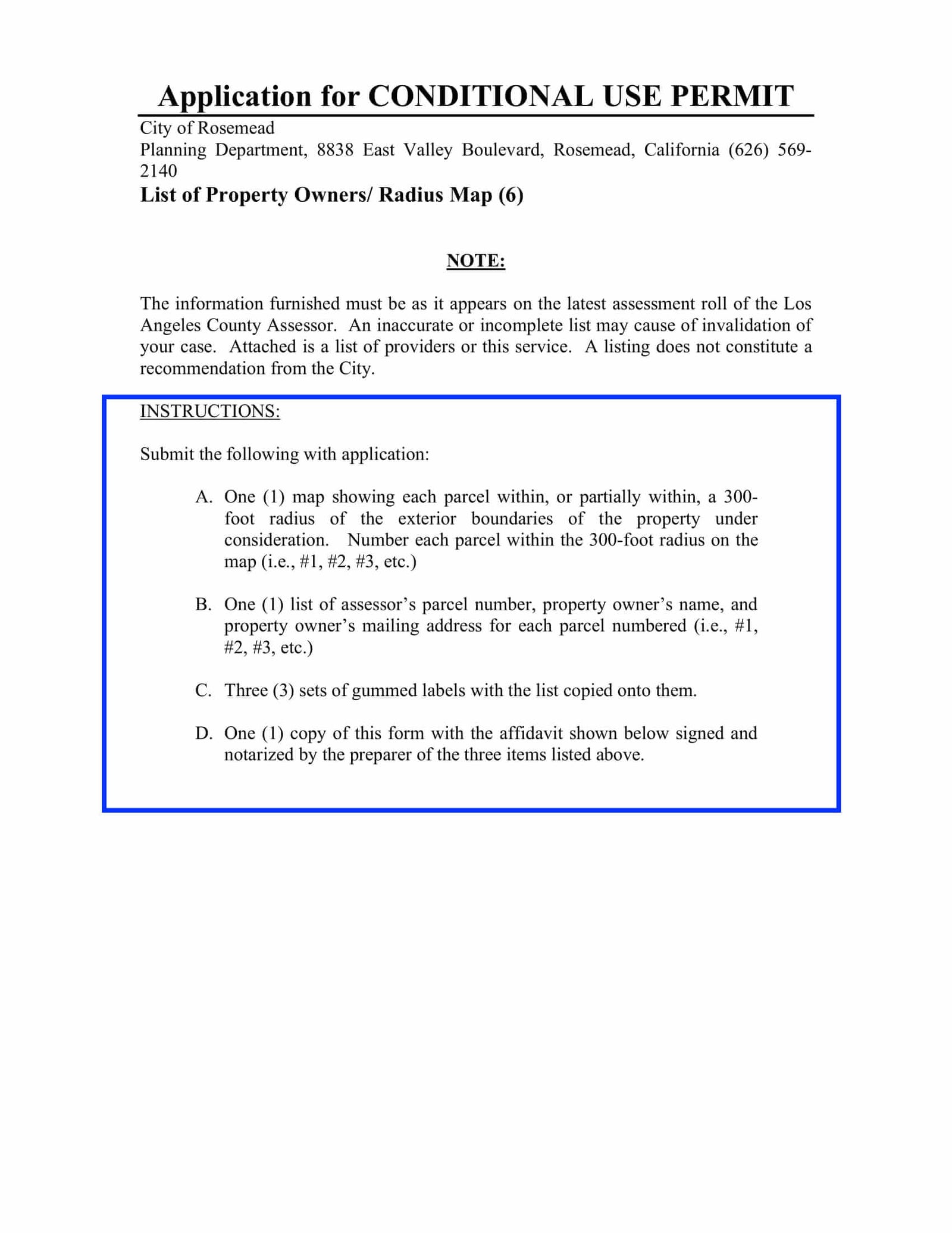 Instructions for preparing a property owner’s radius map and mailing labels within 300 feet for Conditional Use Permit applications in the City of Rosemead.
