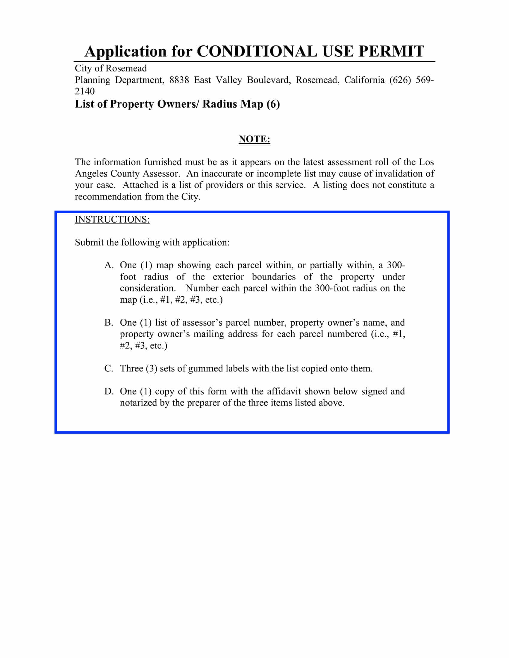 Instructions for preparing a property owner’s radius map and mailing labels within 300 feet for Conditional Use Permit applications in the City of Rosemead.