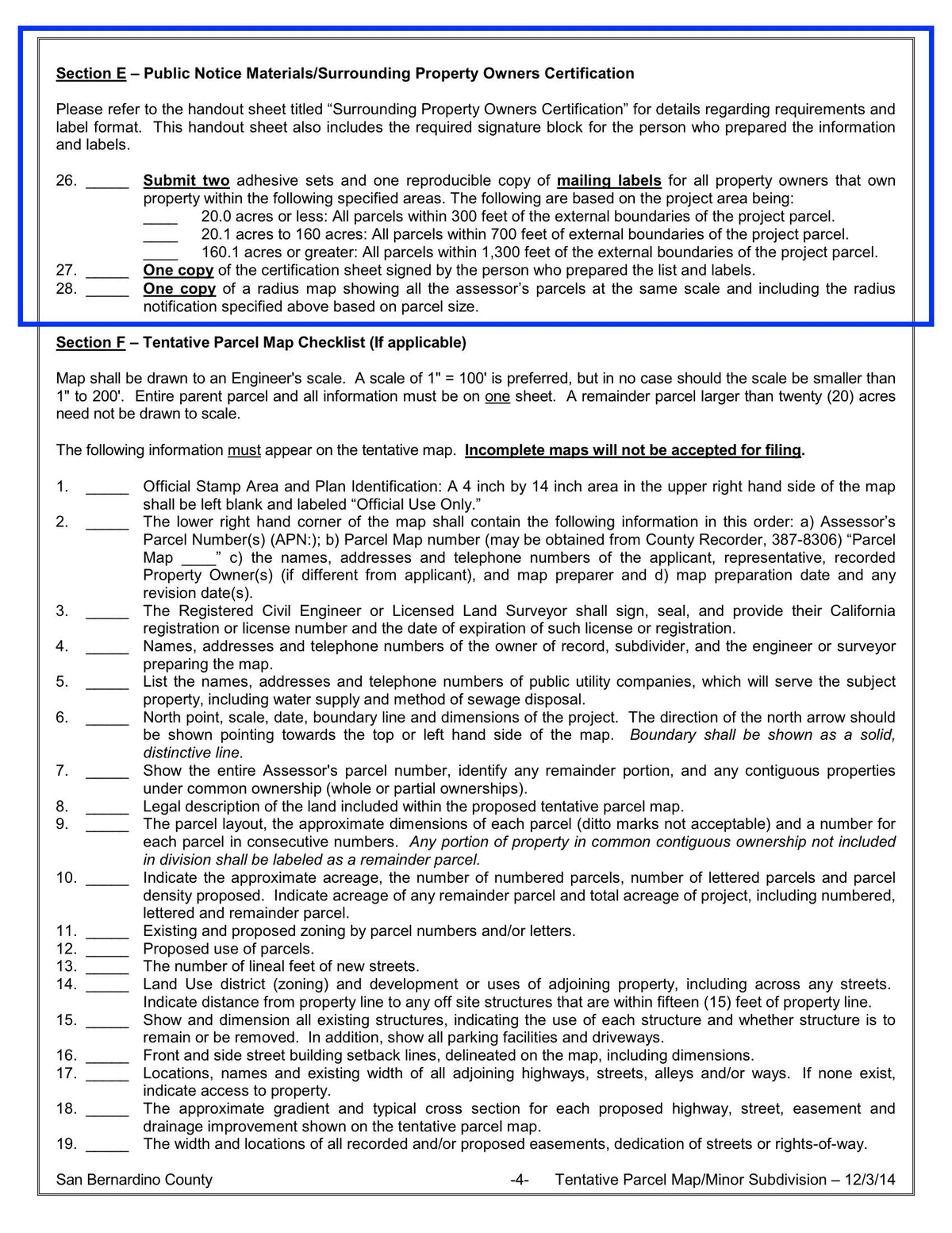 San Bernardino County Section E Public Notice Materials Surrounding Property Owners Certification. Mailing Labels and radius notification