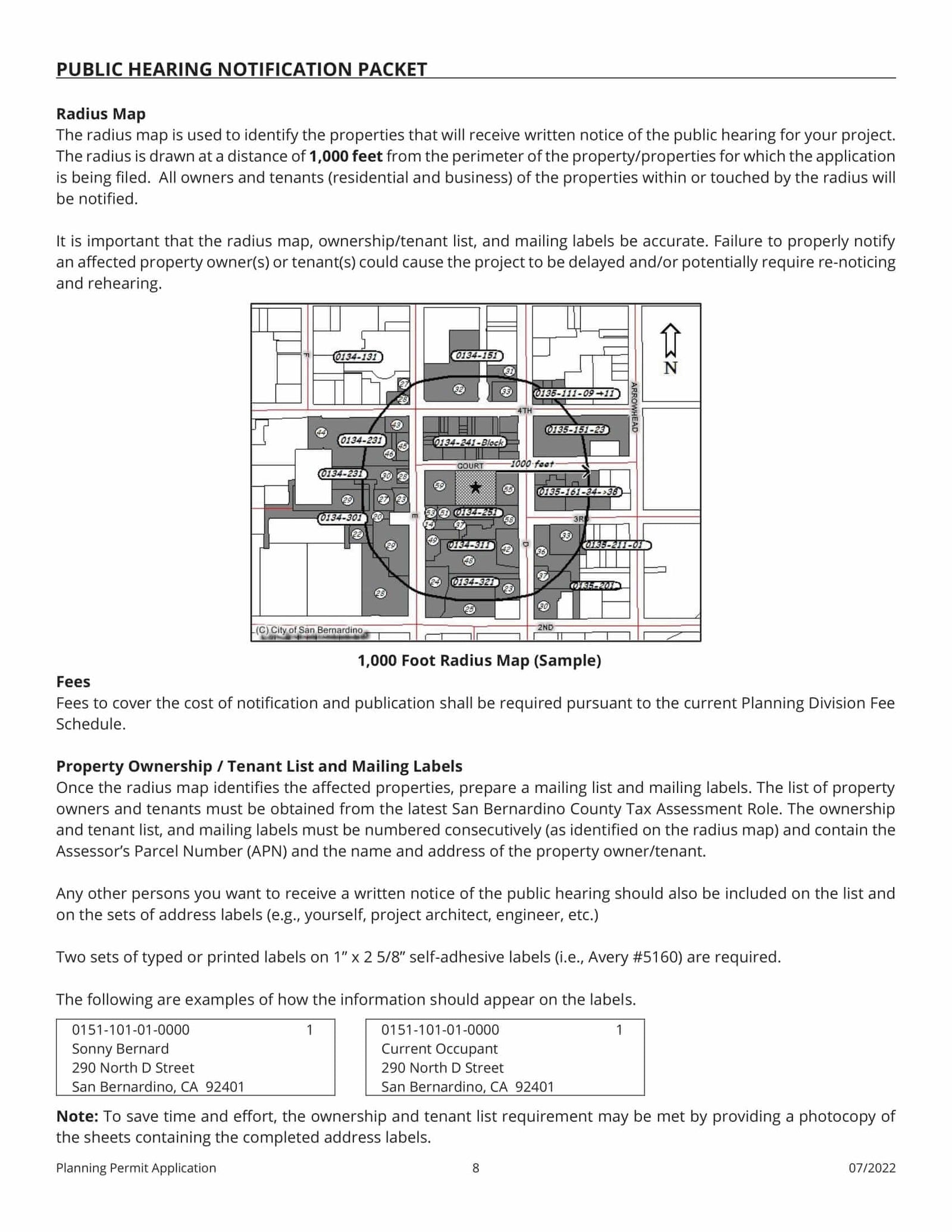 San Bernardino Public Hearing Notification Package 1000' Owner and Tenant Mailing Labels