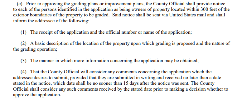County of San Diego Grading Requirement. 300' feet mailing United States Mail.