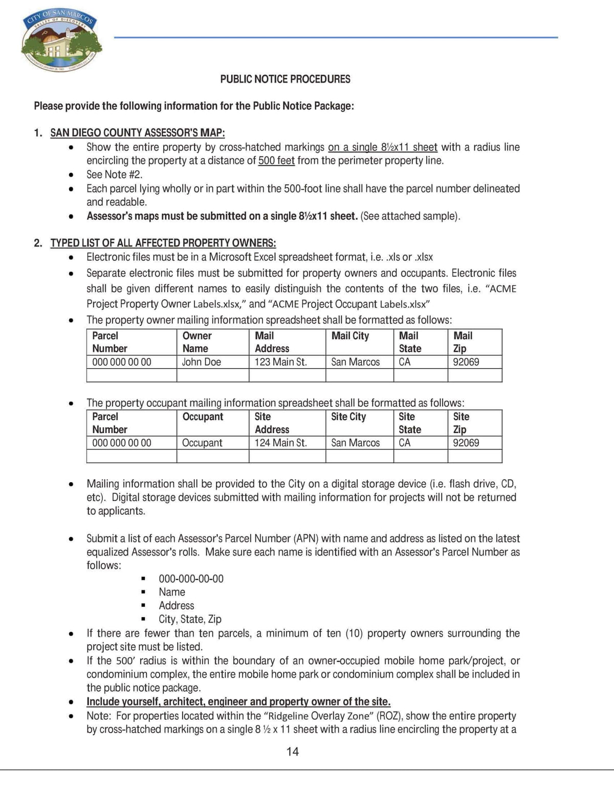 San Marcos San Diego Public Notice Package Assessor's Map Typed LIst Property Owners and Occupants Certification