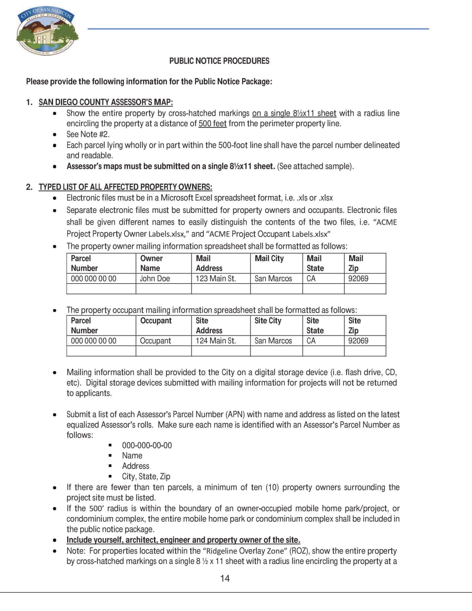San Marcos San Diego Public Notice Package Assessor's Map Typed LIst Property Owners and Occupants Certification
