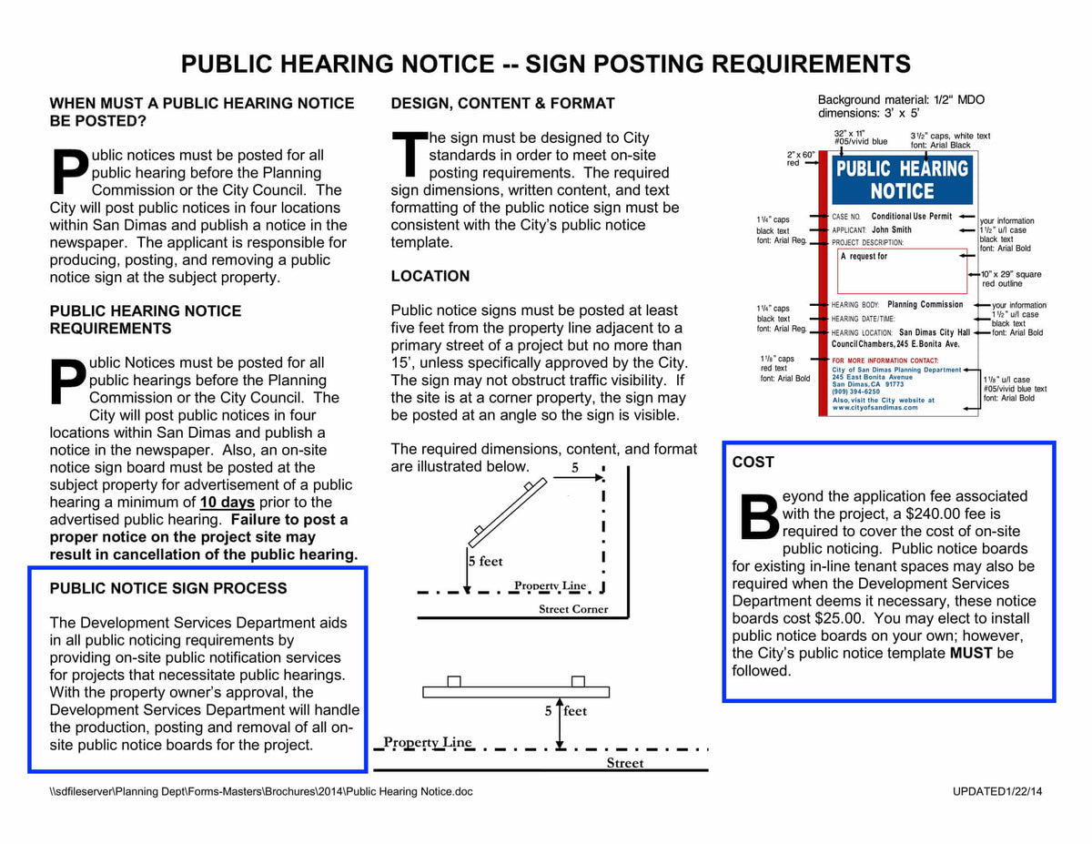 Complete guidelines for public hearing notice sign design, content, format, posting locations, and requirements including 300 foot radius property owner mailing for San Dimas Planning Department applications
