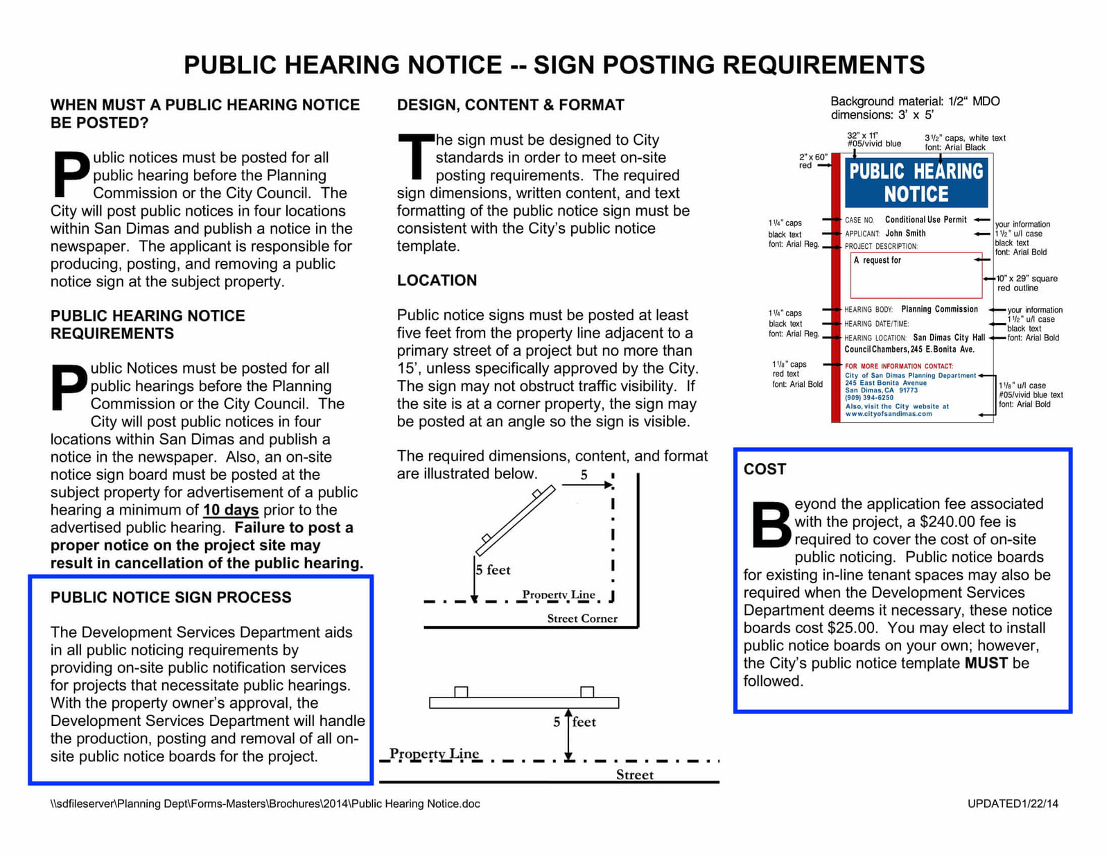 Complete guidelines for public hearing notice sign design, content, format, posting locations, and requirements including 300 foot radius property owner mailing for San Dimas Planning Department applications
