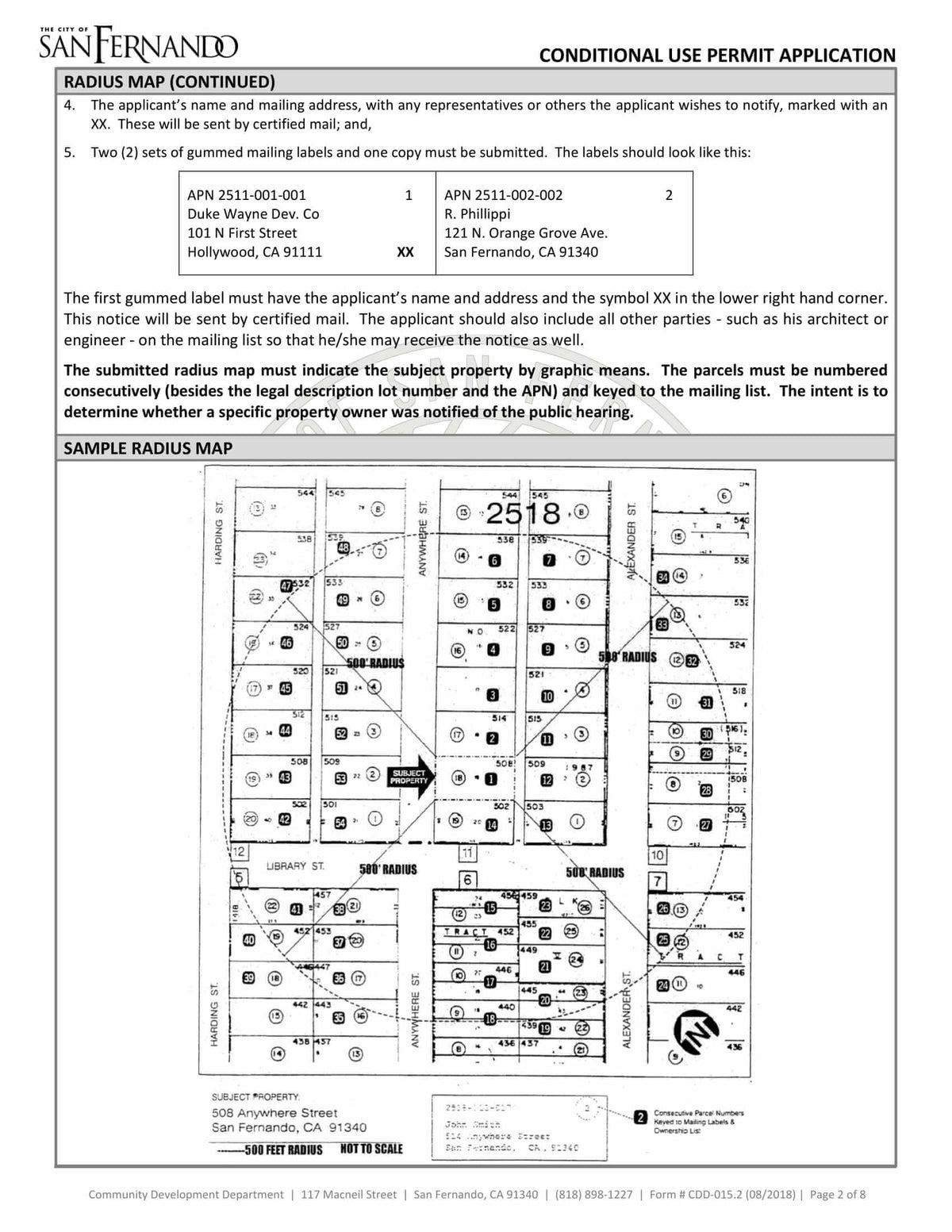 Radius map example and mailing label layout for Conditional Use Permit application in San Fernando.