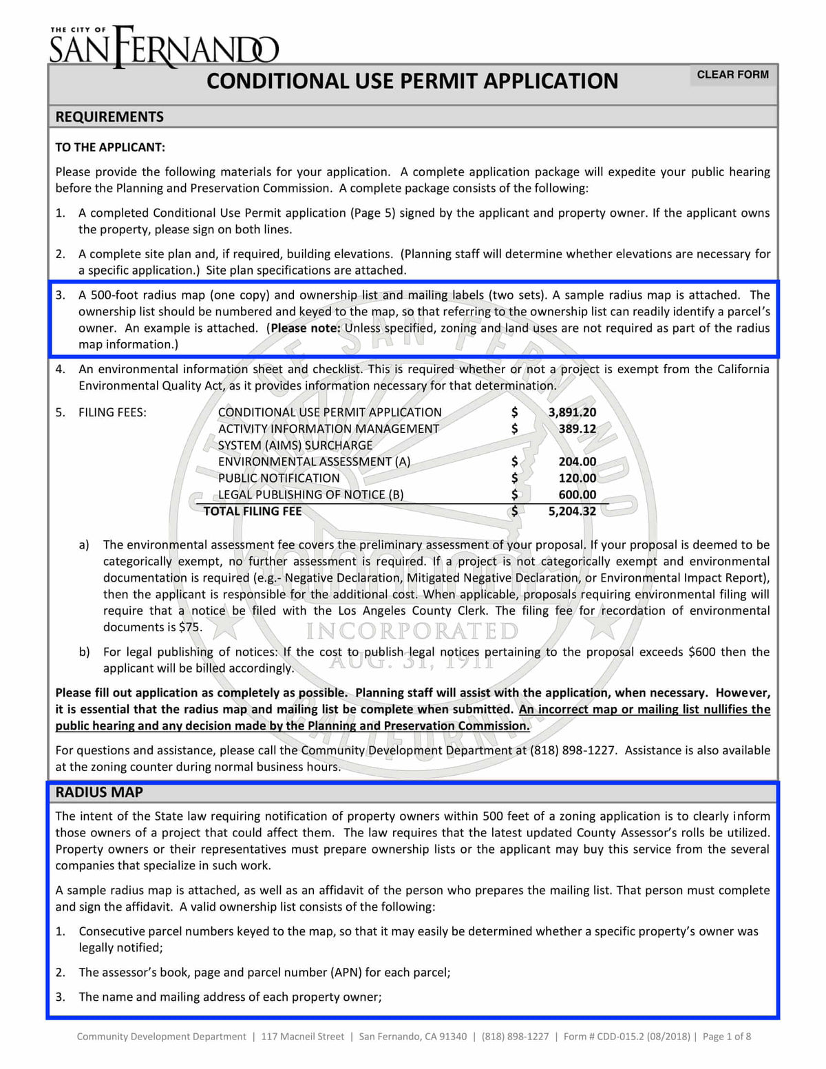 San Fernando Conditional Use Permit Application outlining 500-foot radius map, mailing labels, and ownership list requirements.