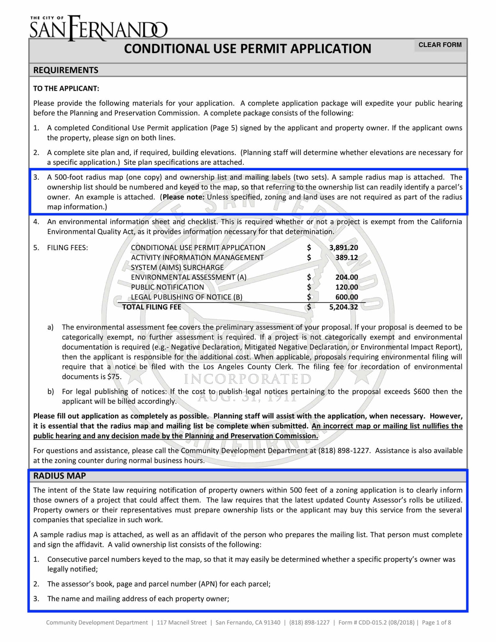 San Fernando Conditional Use Permit Application outlining 500-foot radius map, mailing labels, and ownership list requirements.