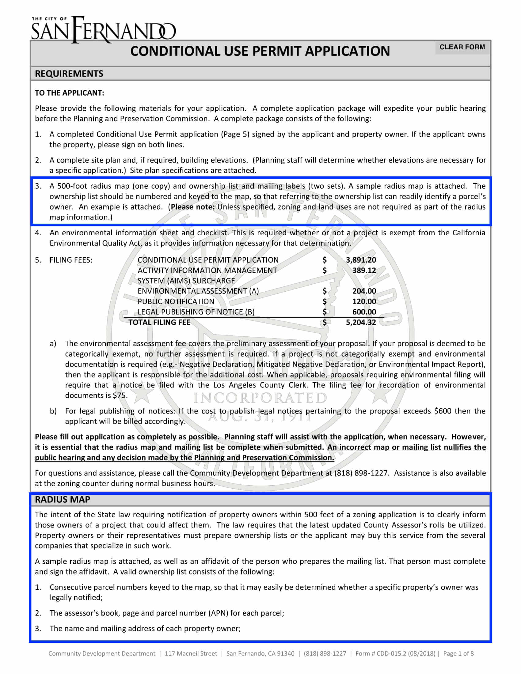 San Fernando Conditional Use Permit Application outlining 500-foot radius map, mailing labels, and ownership list requirements.