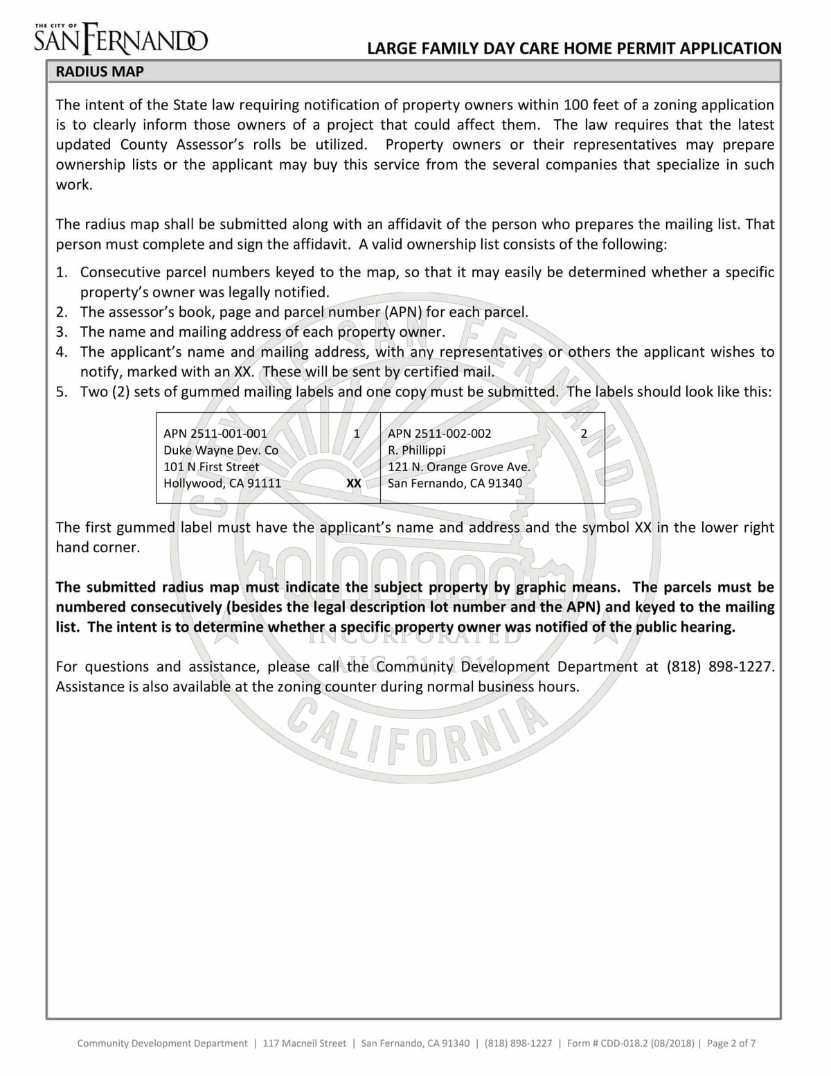 Requirements page from San Fernando Large Family Day Care Home Permit Application outlining 100-foot radius map and mailing label instructions.