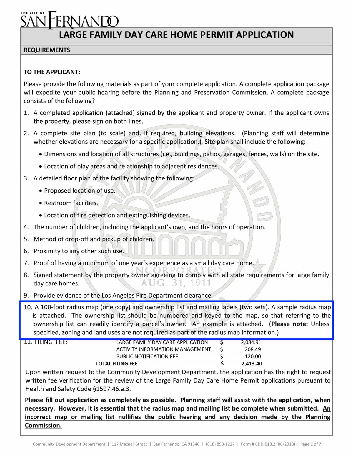 Requirements page from San Fernando Large Family Day Care Home Permit Application outlining 100-foot radius map and mailing label instructions.