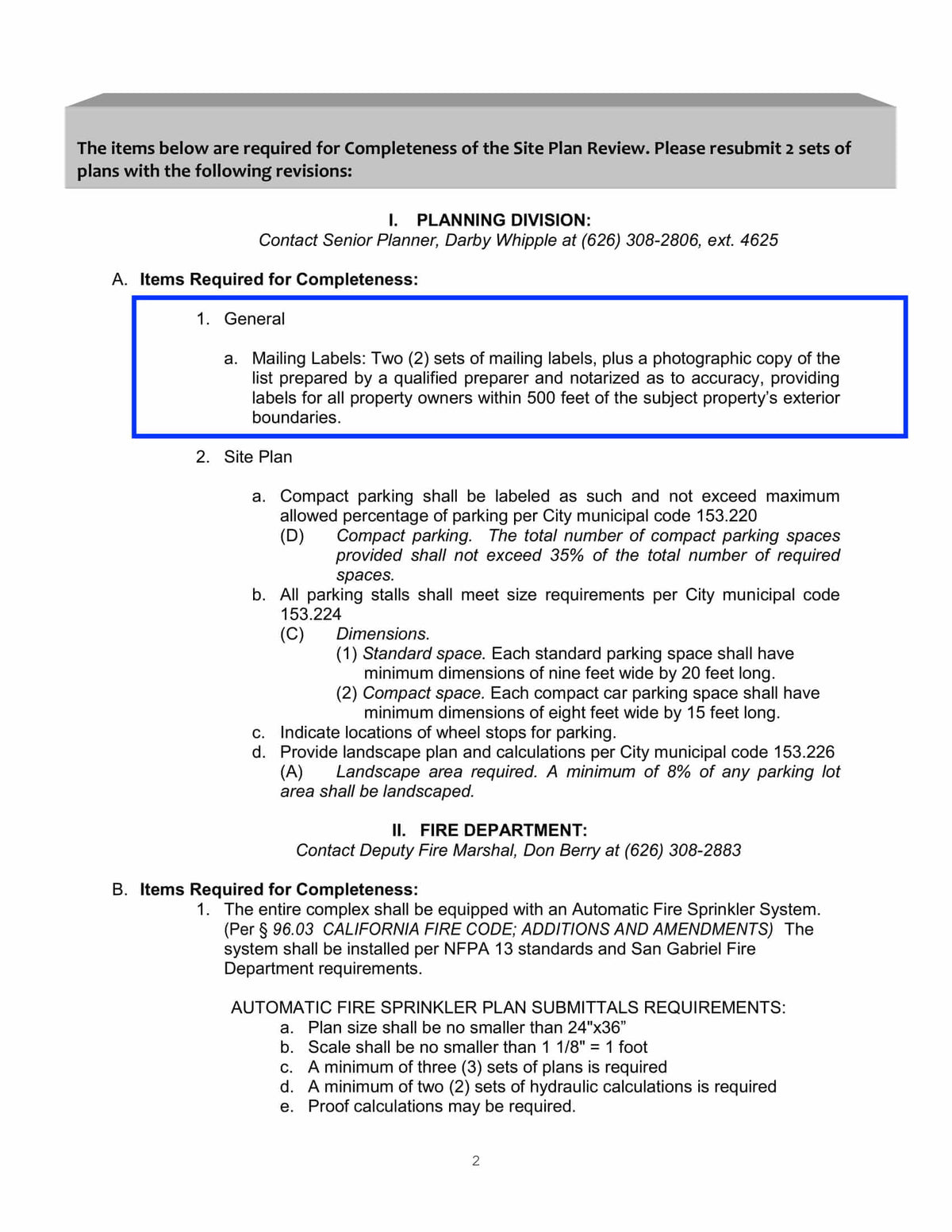 Page showing San Gabriel Site Plan Review completeness checklist with 500-foot mailing label requirement prepared and notarized for accuracy.