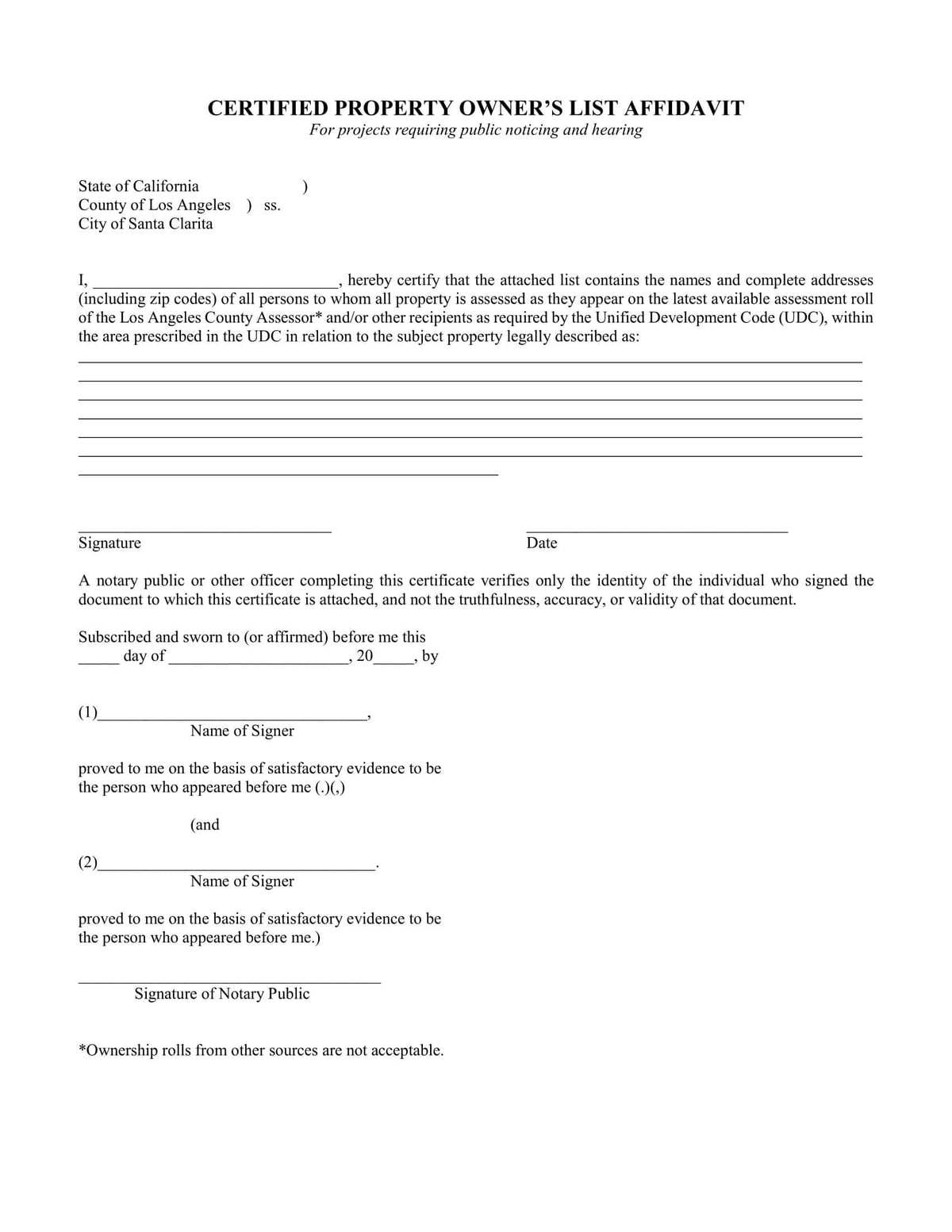 Certified Property Owner’s List Affidavit form for Santa Clarita projects requiring public noticing and notarized verification.