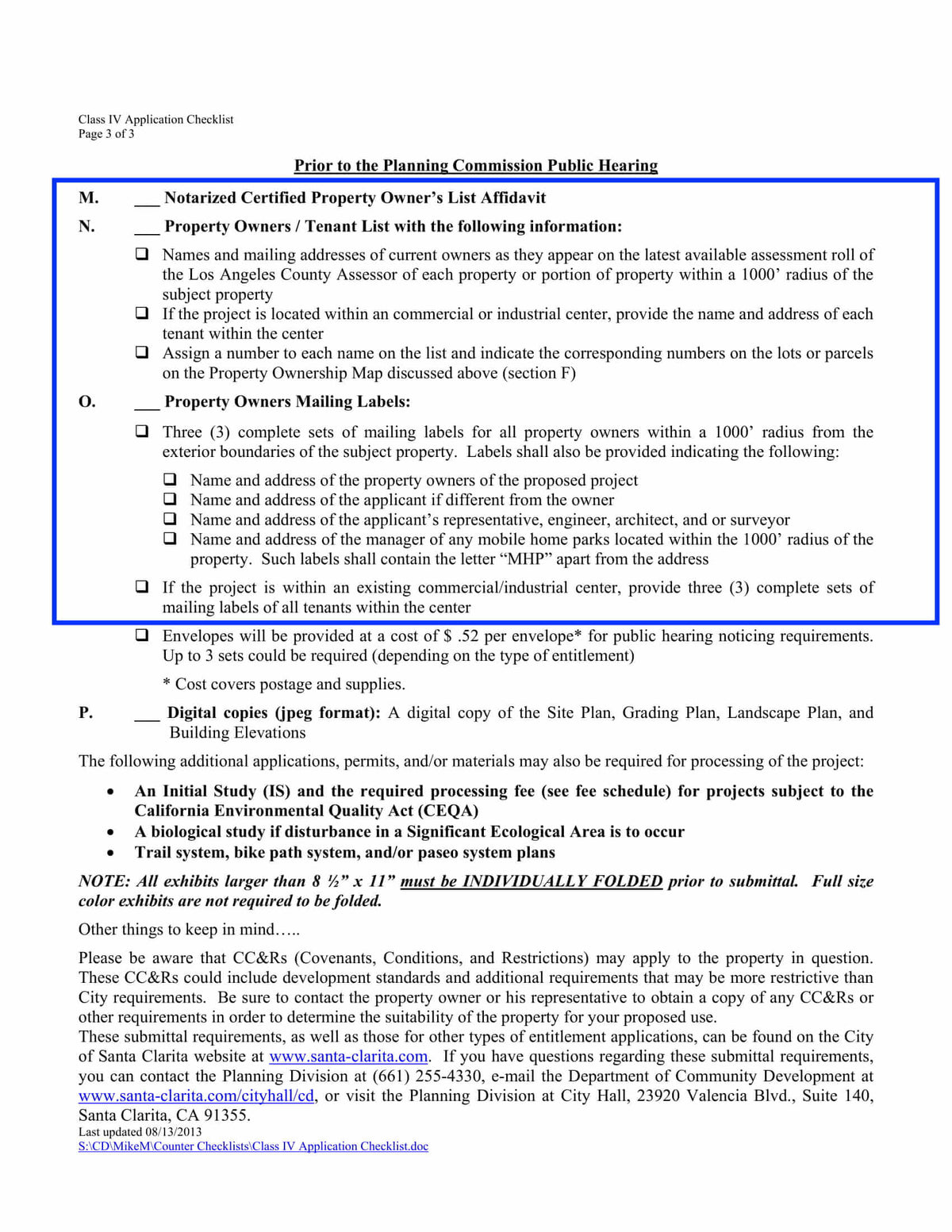 Class IV Application checklist including notarized affidavit, property owner list, and multiple sets of mailing label requirements.