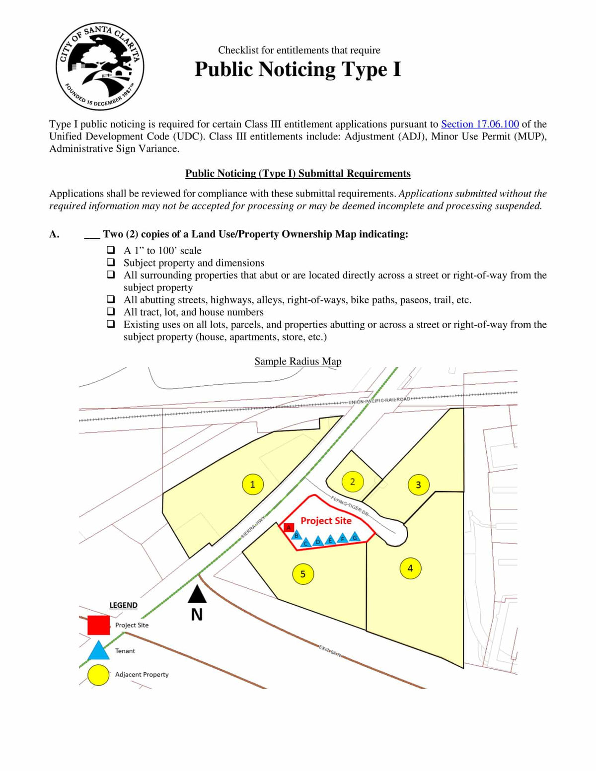 Public Noticing Type II checklist outlining submittal requirements and mailing label instructions for 1,000-foot notifications.