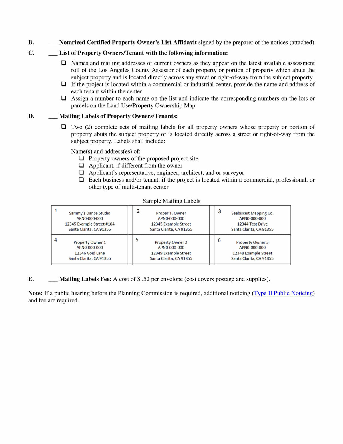 Sample 1,000-foot radius map showing subject property and parcel numbering for Santa Clarita Type II public hearing submittals.