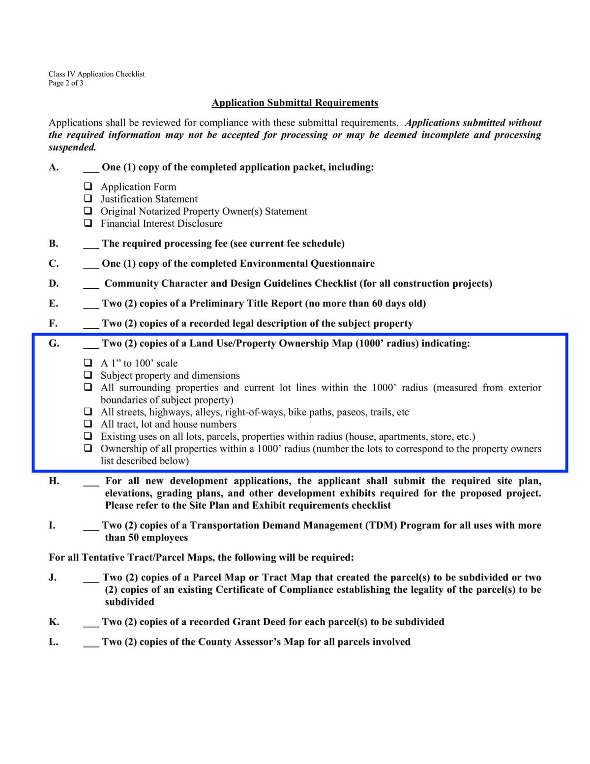 Checklist for Santa Clarita Public Noticing Type I applications showing 100-foot radius map and submittal requirements.