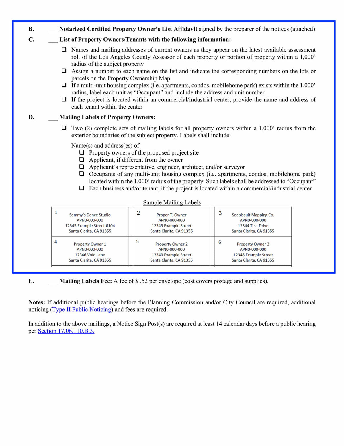 Example of City of Santa Clarita 100-foot radius map showing subject property, adjacent parcels, and required boundary notation.