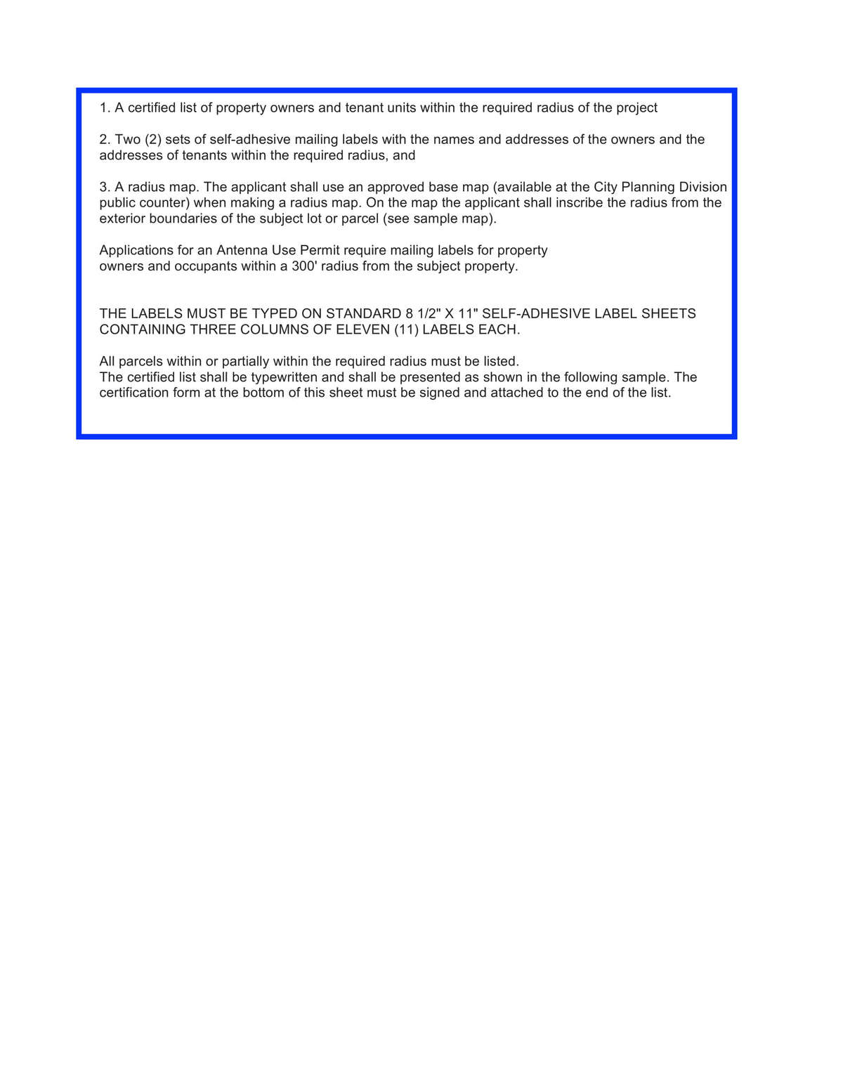 Page outlining certified property owners and tenants list requirements within 300-foot radius, mailing label standards, and certified list format for City of Santa Monica applications.