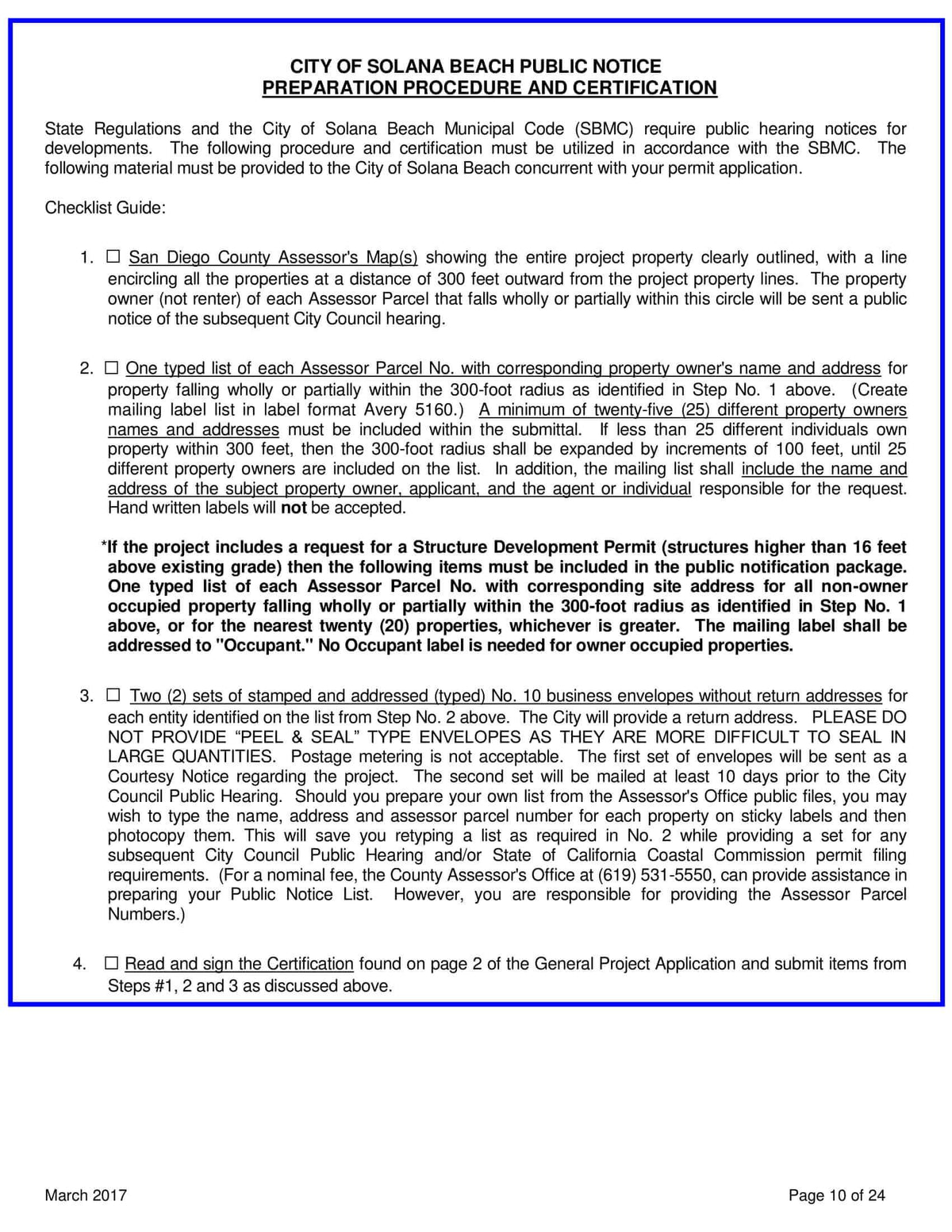 Solana Beach Public Notice Preparation and Certification Assessor's Map Typed List Stamped Envelopes
