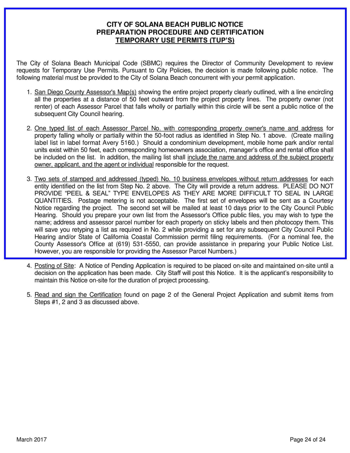 Solana Beach Public Notice Temporary Use Permits Assessor's Map Typed List Stamped Envelopes