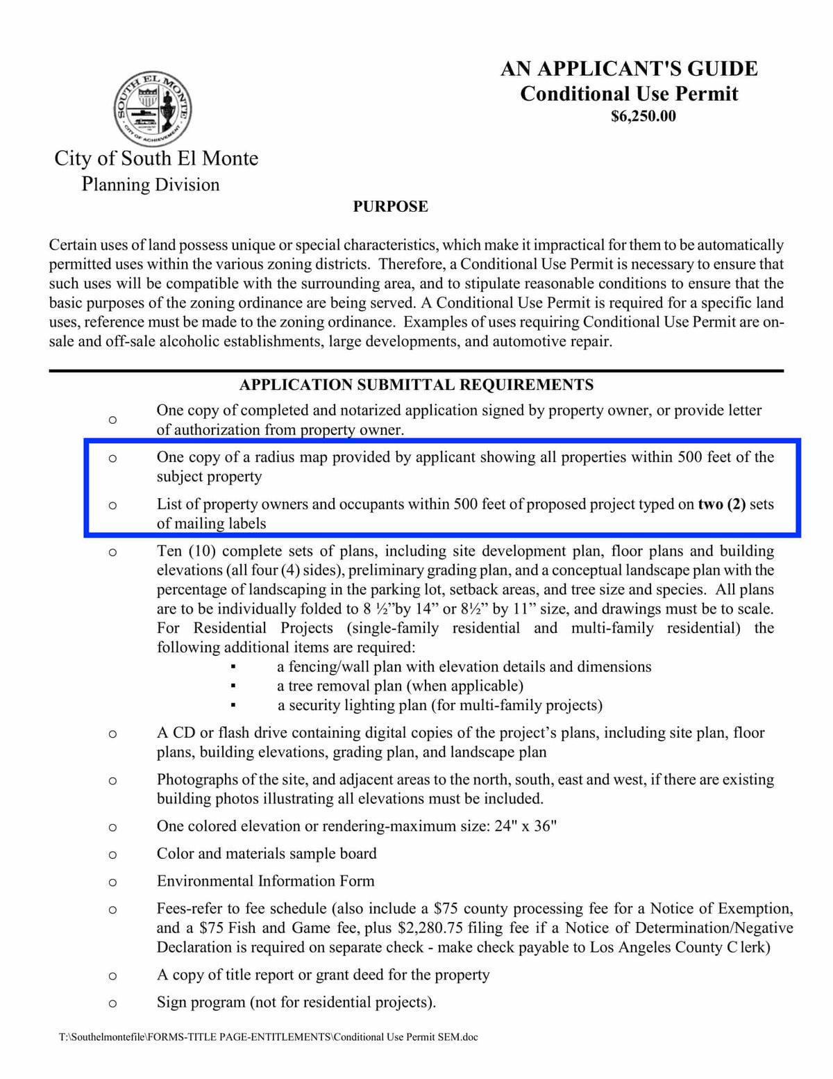 Application guide explaining conditional use permit process and 500-foot radius map and property owner list requirements for South El Monte.
