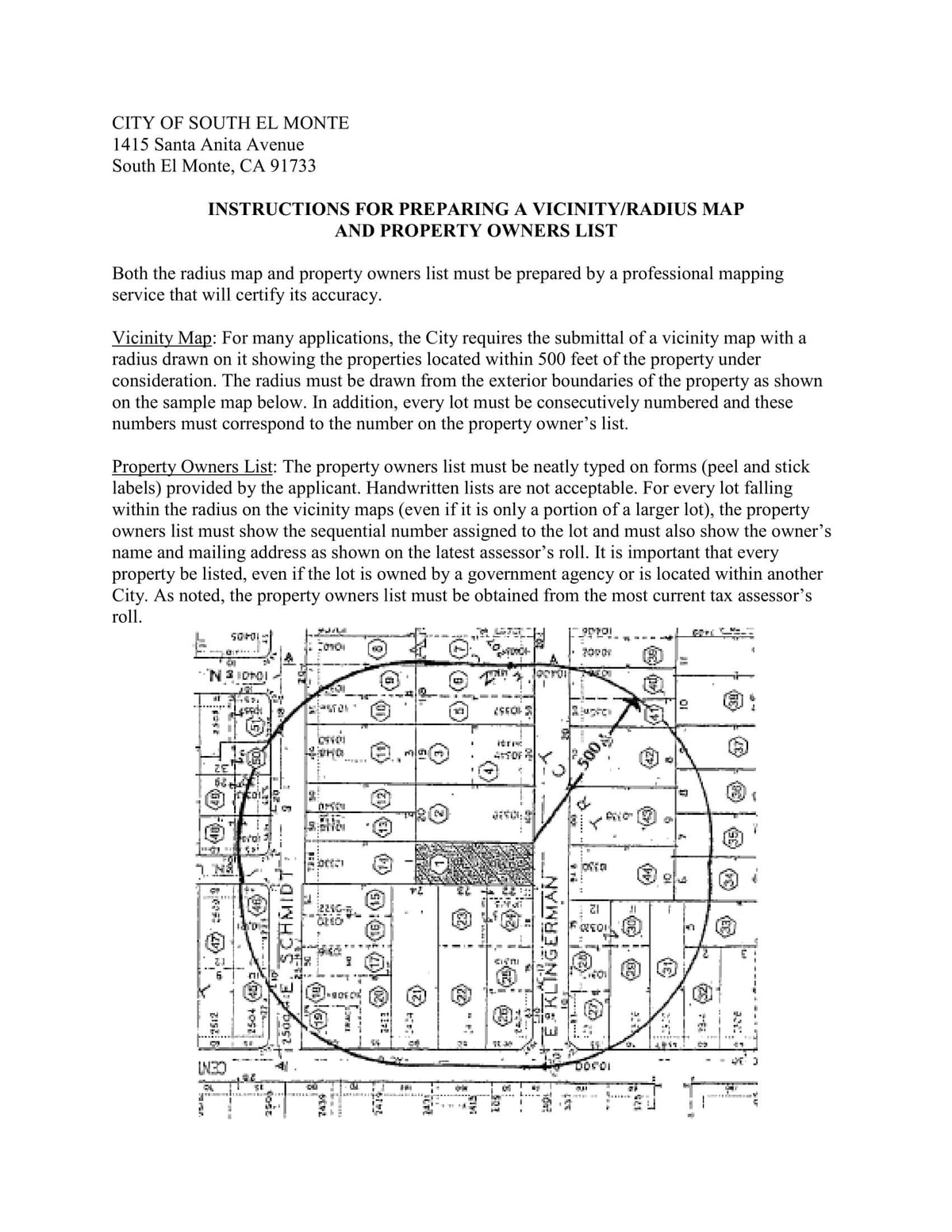 Page detailing application submittal requirements for conditional use permits, including radius map and mailing label standards.