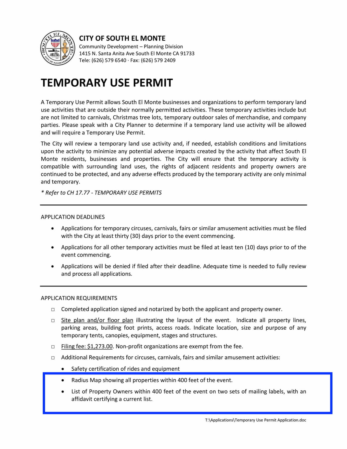 Temporary Use Permit form listing 400-foot radius map, property owner list, and affidavit certification requirements.