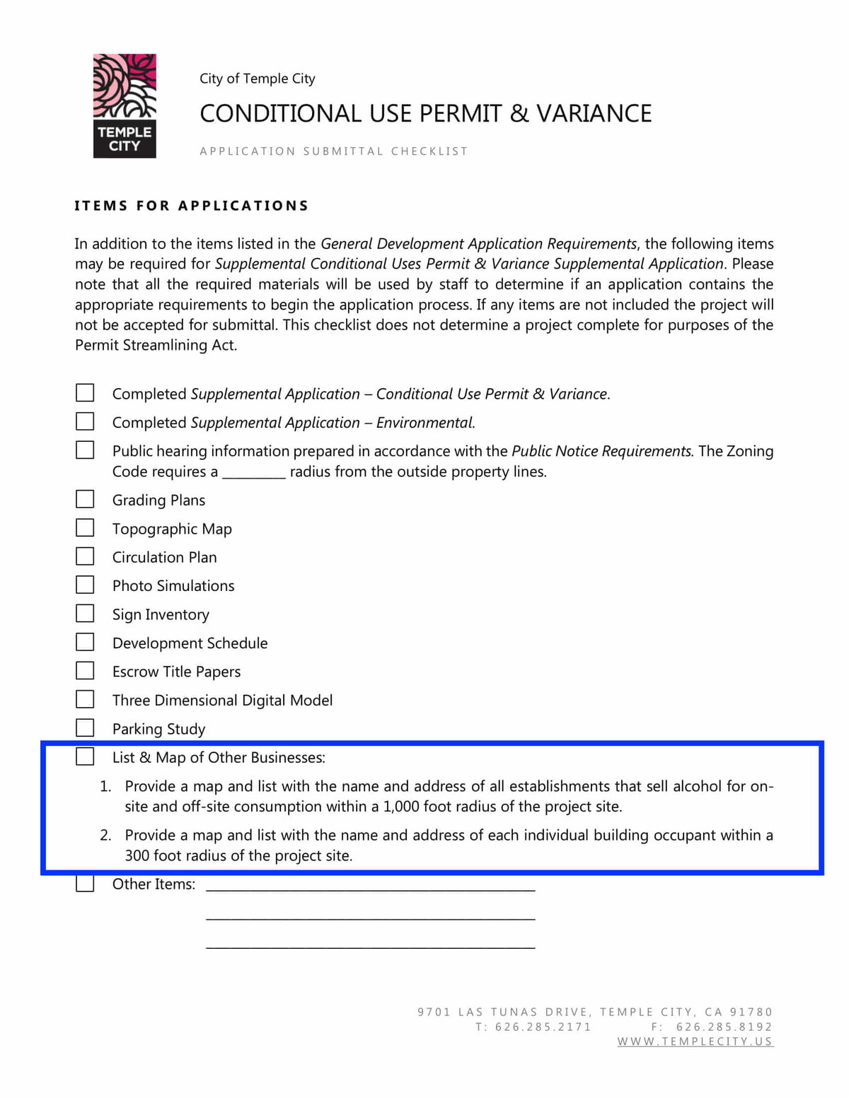 Temple City Conditional Use Permit and Variance 300-500 foot radius requirements