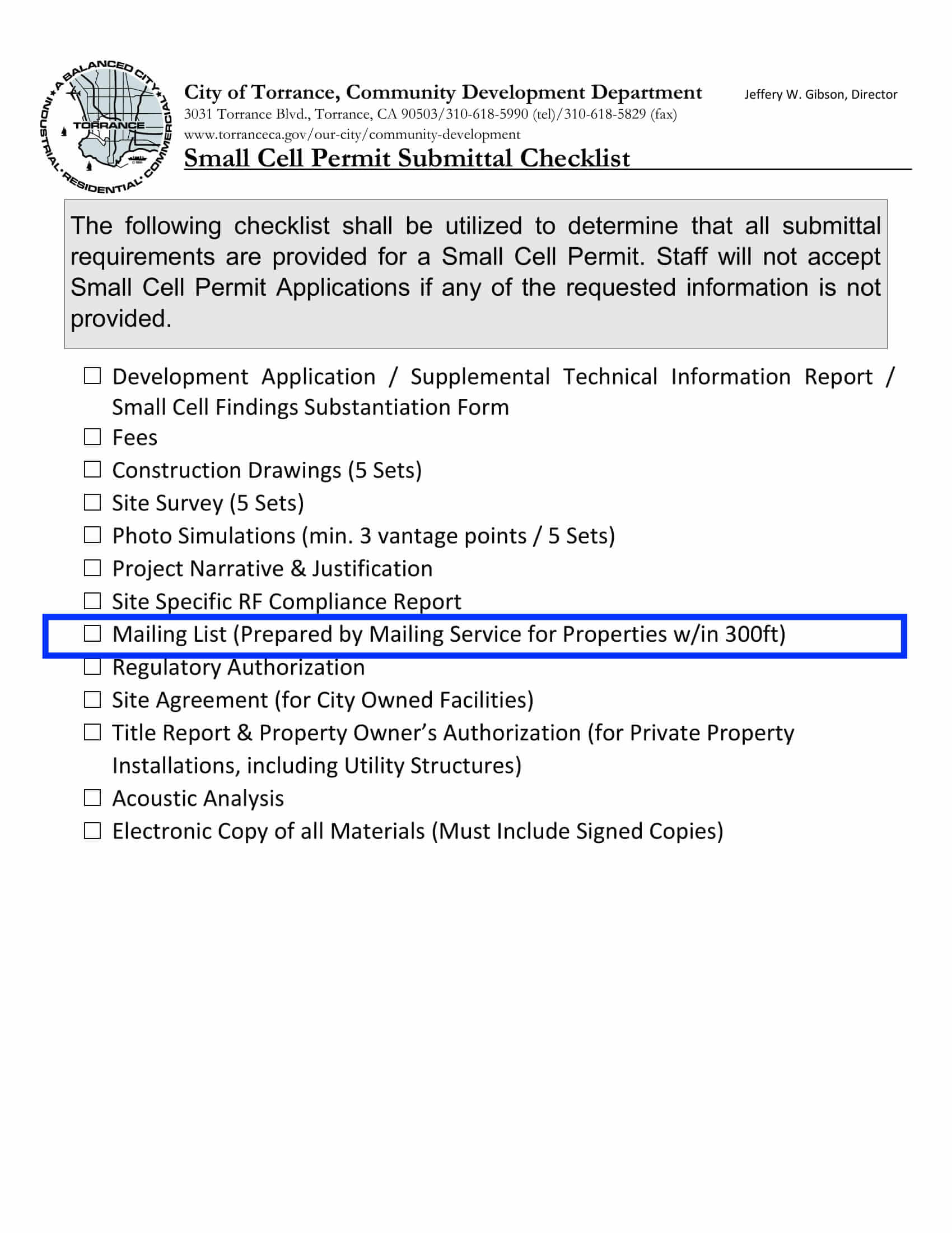 Torrance Small Cell Permit 300 foot mailing list requirement by mailing service