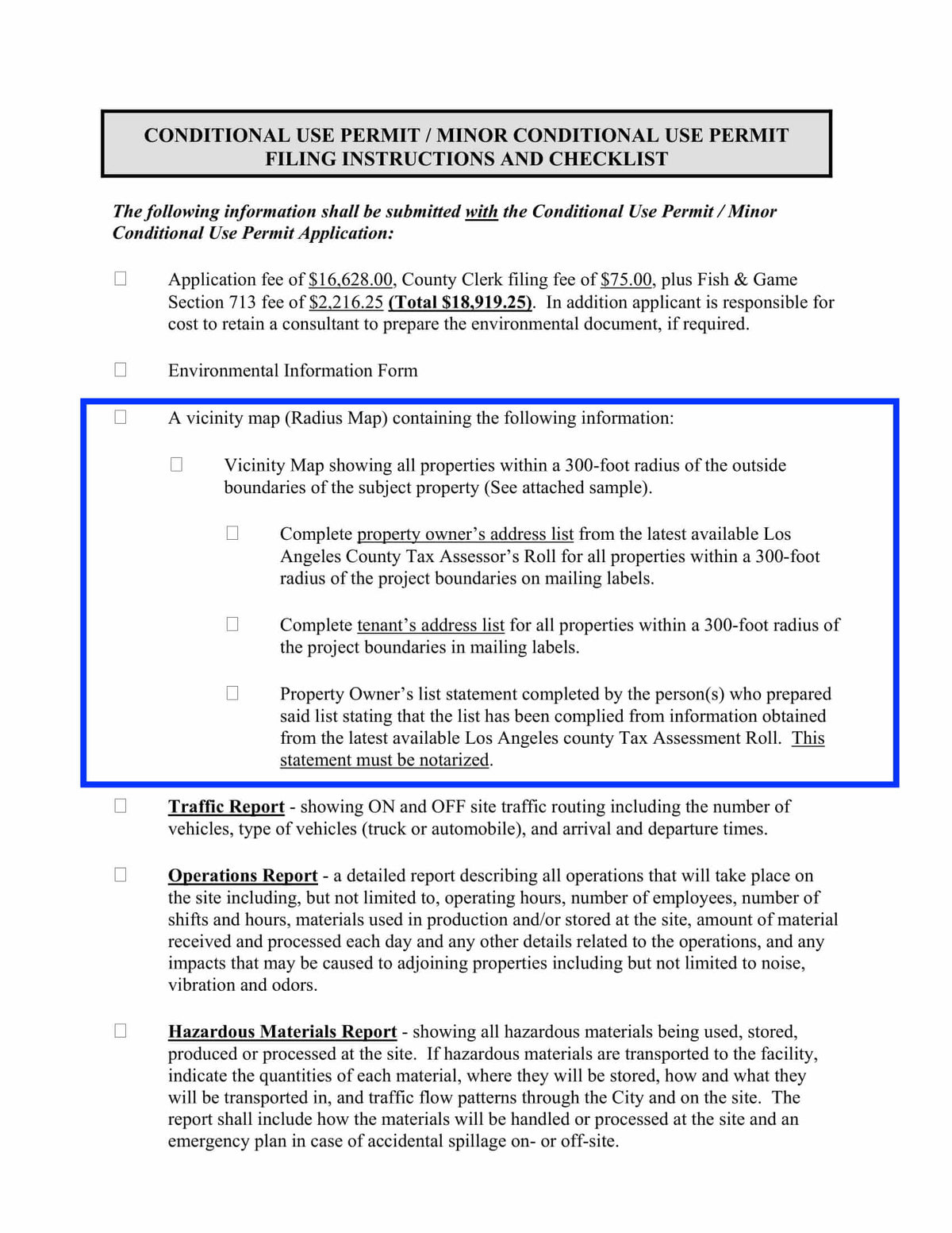 Vernon Conditional Use Permit and Minor CUP 300 foot radius map and tenant labels requirement
