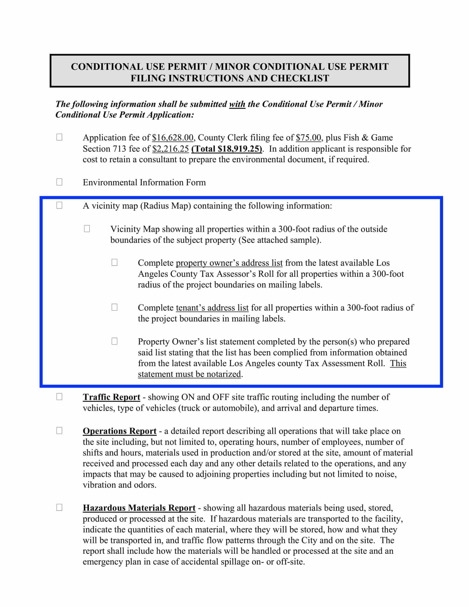 Vernon Conditional Use Permit and Minor CUP 300 foot radius map and tenant labels requirement