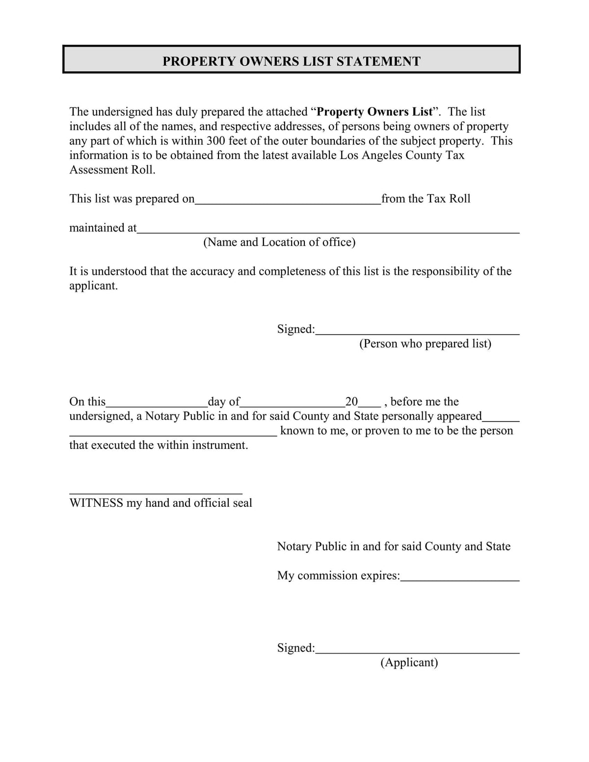 Vernon notarized Property Owners List Statement – wet signature required