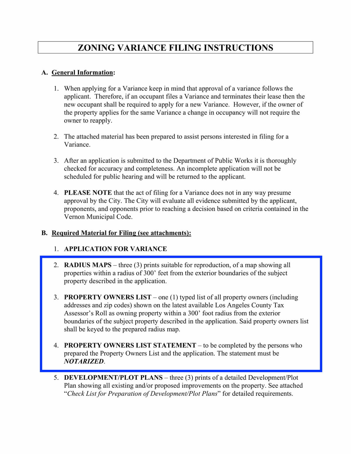 Vernon Zoning Variance filing instructions – 300 ft radius map & notarized statement required