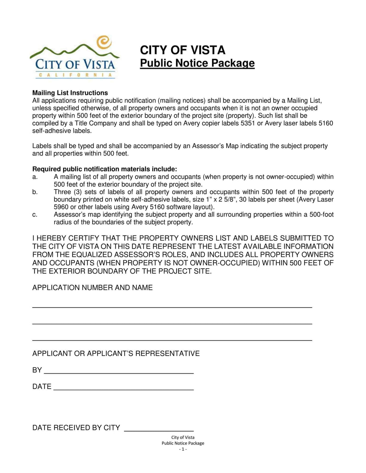 Vista San Diego Public Notice Package Mailing List Owners Occupants Assessor's Parcel Map 500 feet