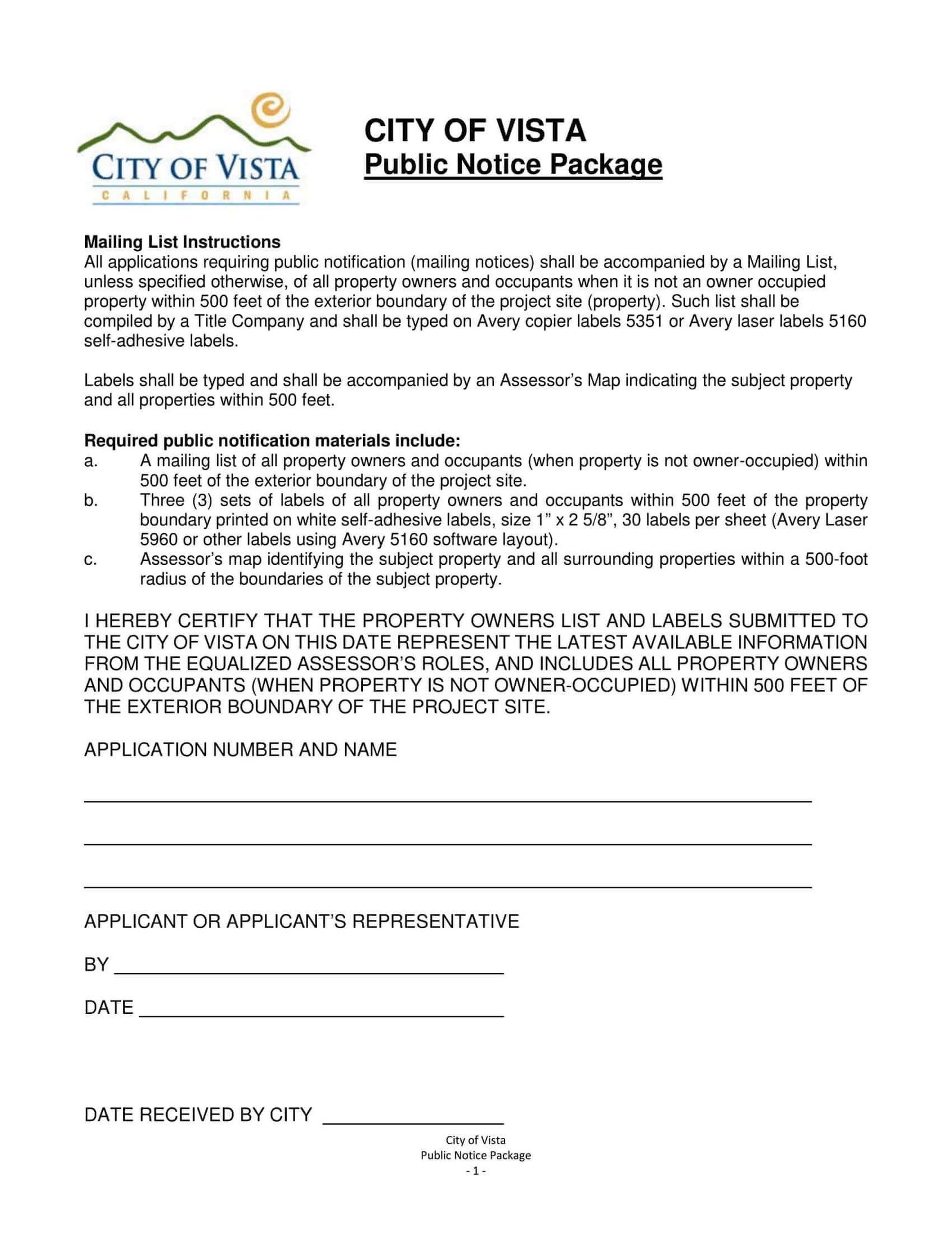 Vista San Diego Public Notice Package Mailing List Owners Occupants Assessor's Parcel Map 500 feet